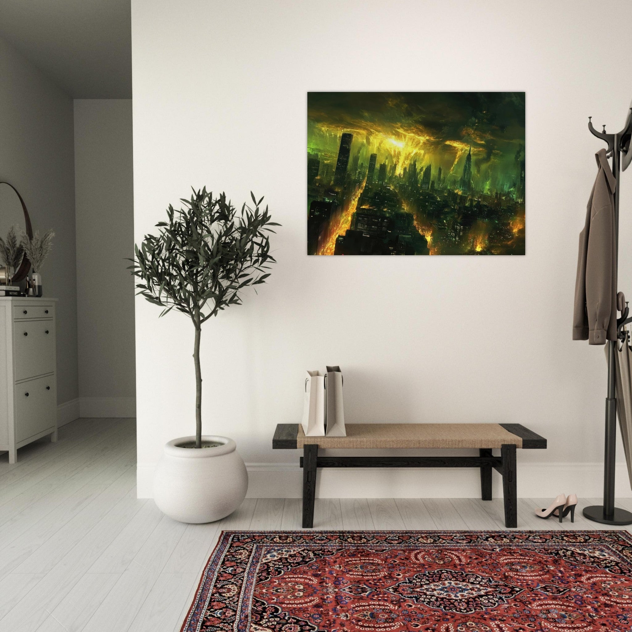Fine Art Poster Landscape - A sprawling city skyline but every building bend - Shop Ai Art WebShop - Digital Art online Store