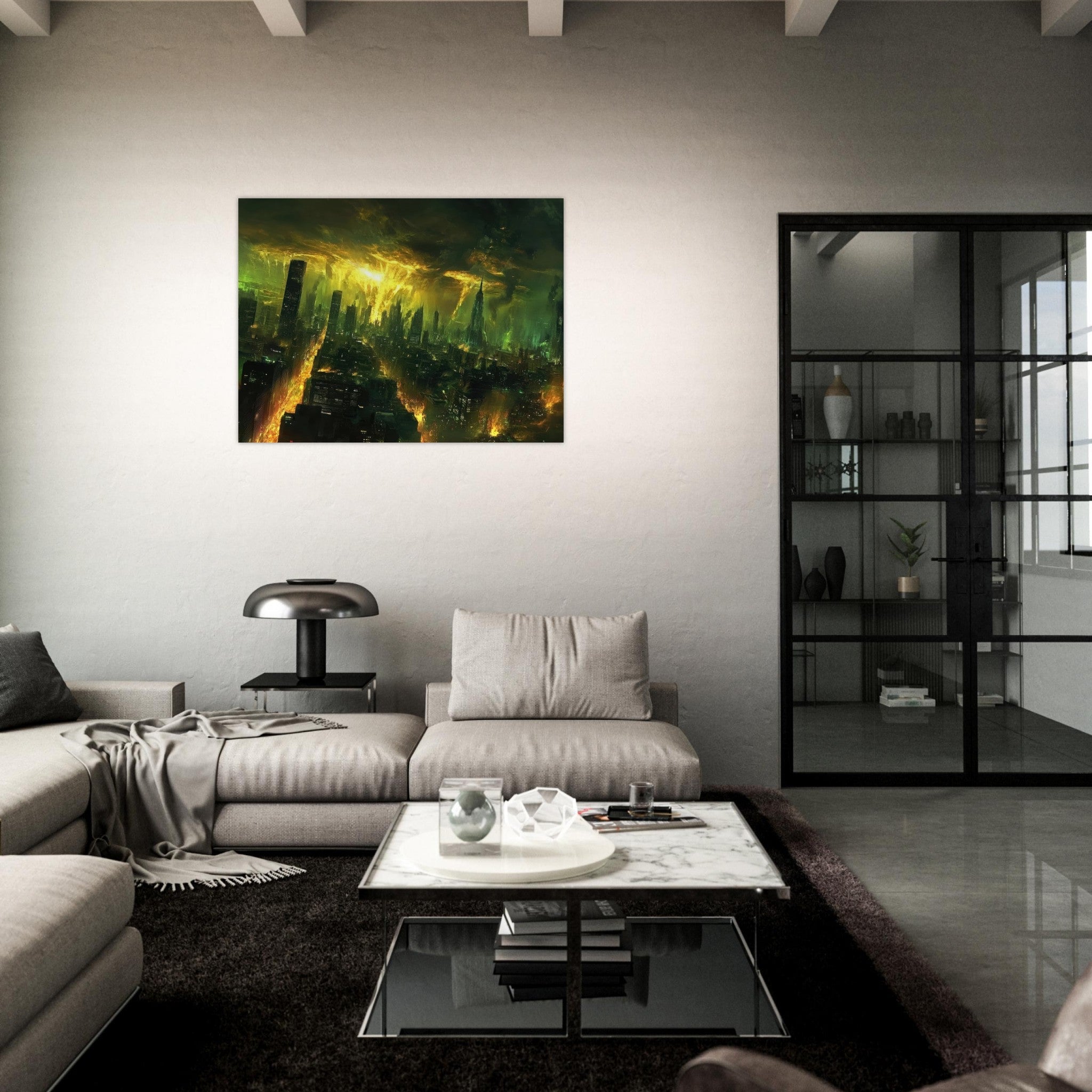 Fine Art Poster Landscape - A sprawling city skyline but every building bend - Shop Ai Art WebShop - Digital Art online Store