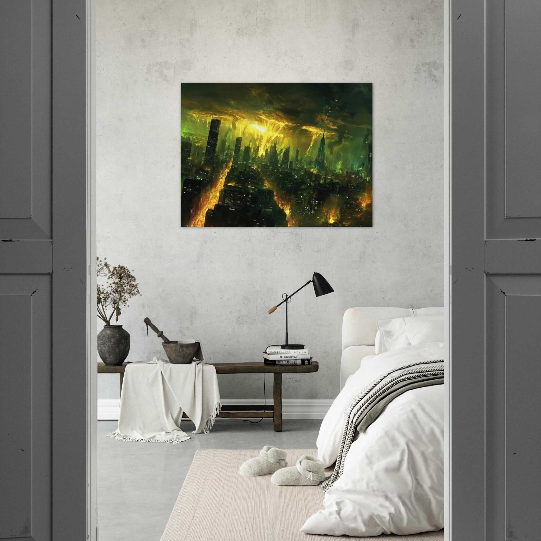 Fine Art Poster Landscape - A sprawling city skyline but every building bend - Shop Ai Art WebShop - Digital Art online Store