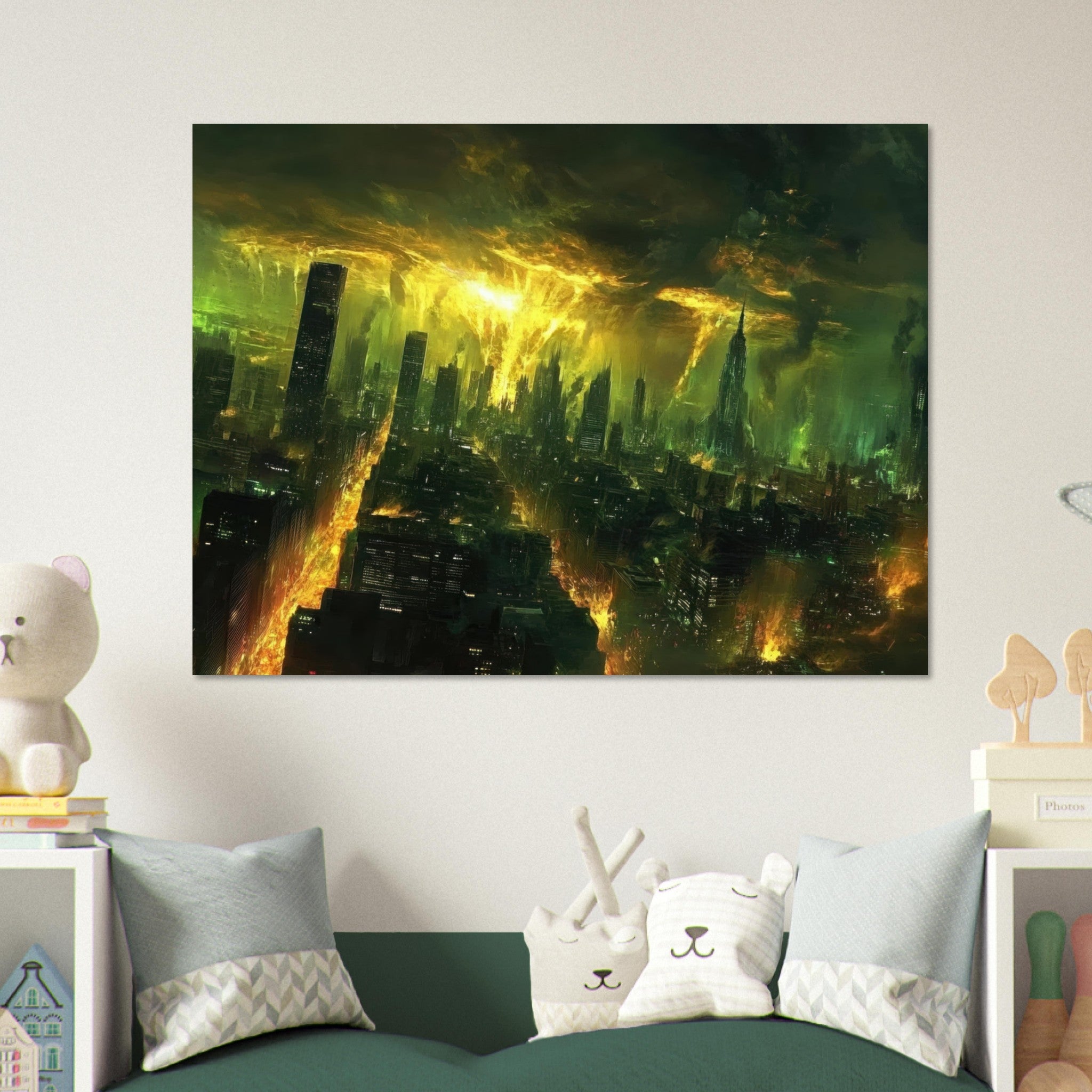 Fine Art Poster Landscape - A sprawling city skyline but every building bend - Shop Ai Art WebShop - Digital Art online Store