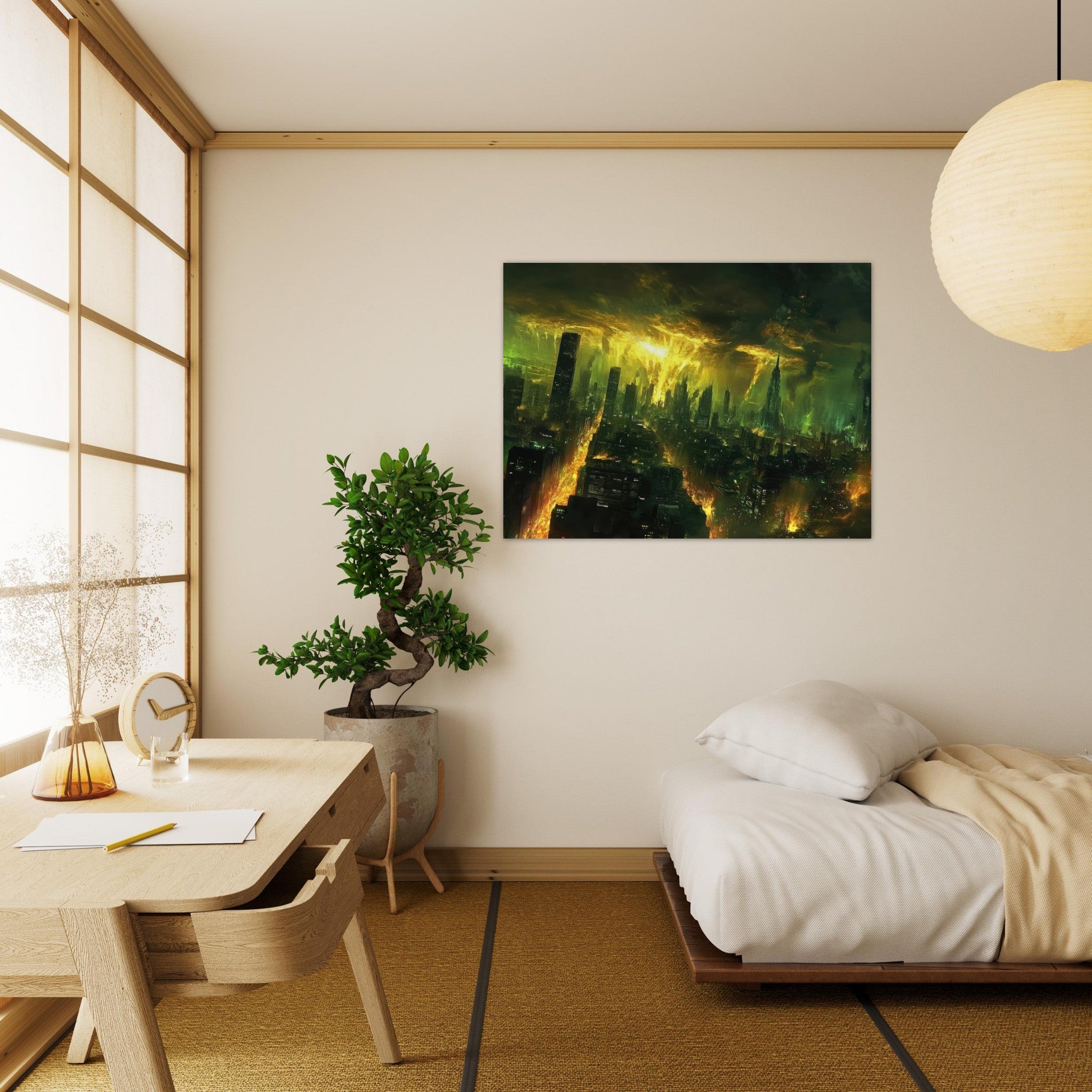 Fine Art Poster Landscape - A sprawling city skyline but every building bend - Shop Ai Art WebShop - Digital Art online Store