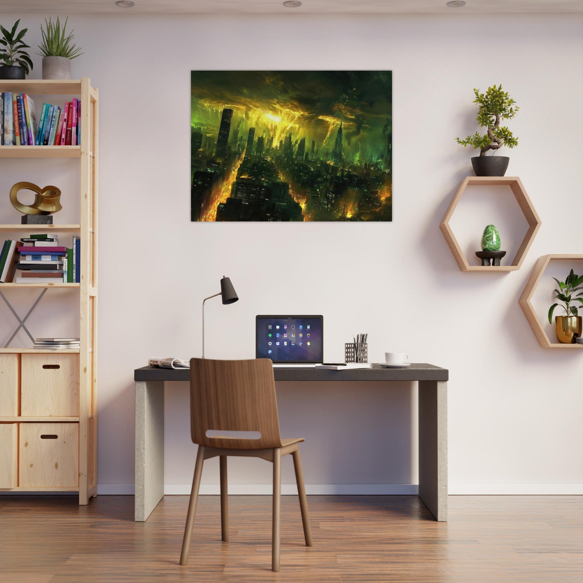 Fine Art Poster Landscape - A sprawling city skyline but every building bend - Shop Ai Art WebShop - Digital Art online Store
