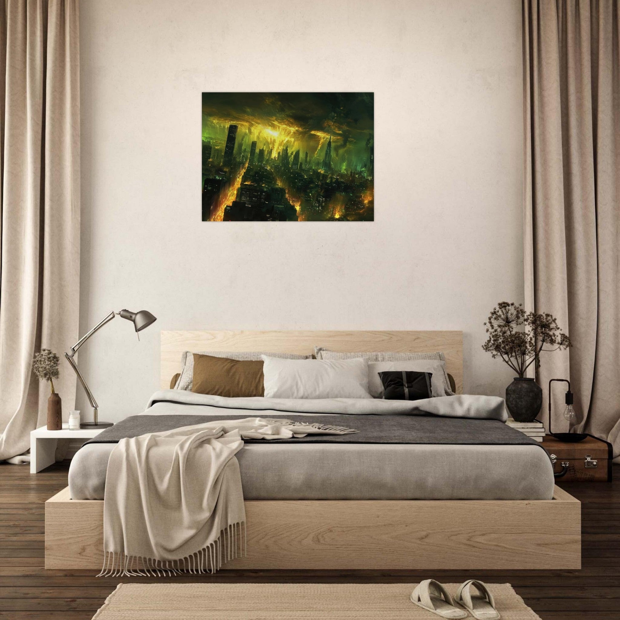 Fine Art Poster Landscape - A sprawling city skyline but every building bend - Shop Ai Art WebShop - Digital Art online Store