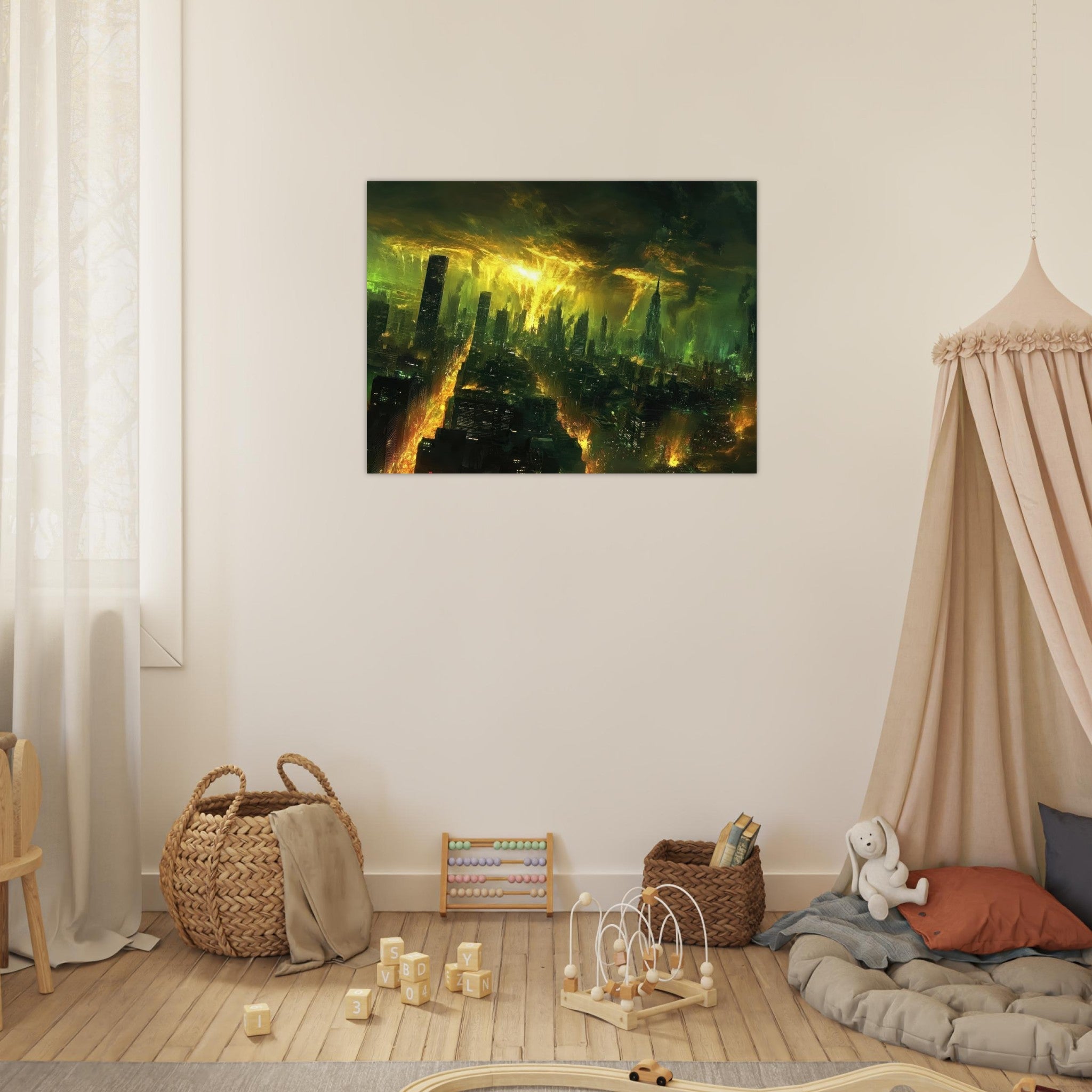 Fine Art Poster Landscape - A sprawling city skyline but every building bend - Shop Ai Art WebShop - Digital Art online Store