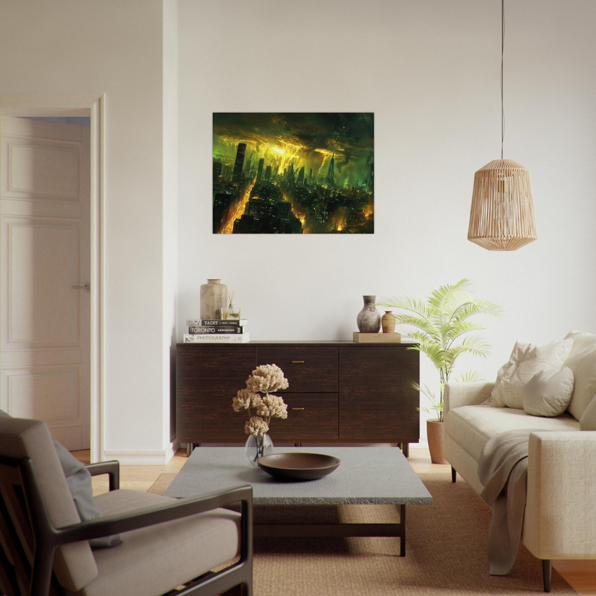 Fine Art Poster Landscape - A sprawling city skyline but every building bend - Shop Ai Art WebShop - Digital Art online Store