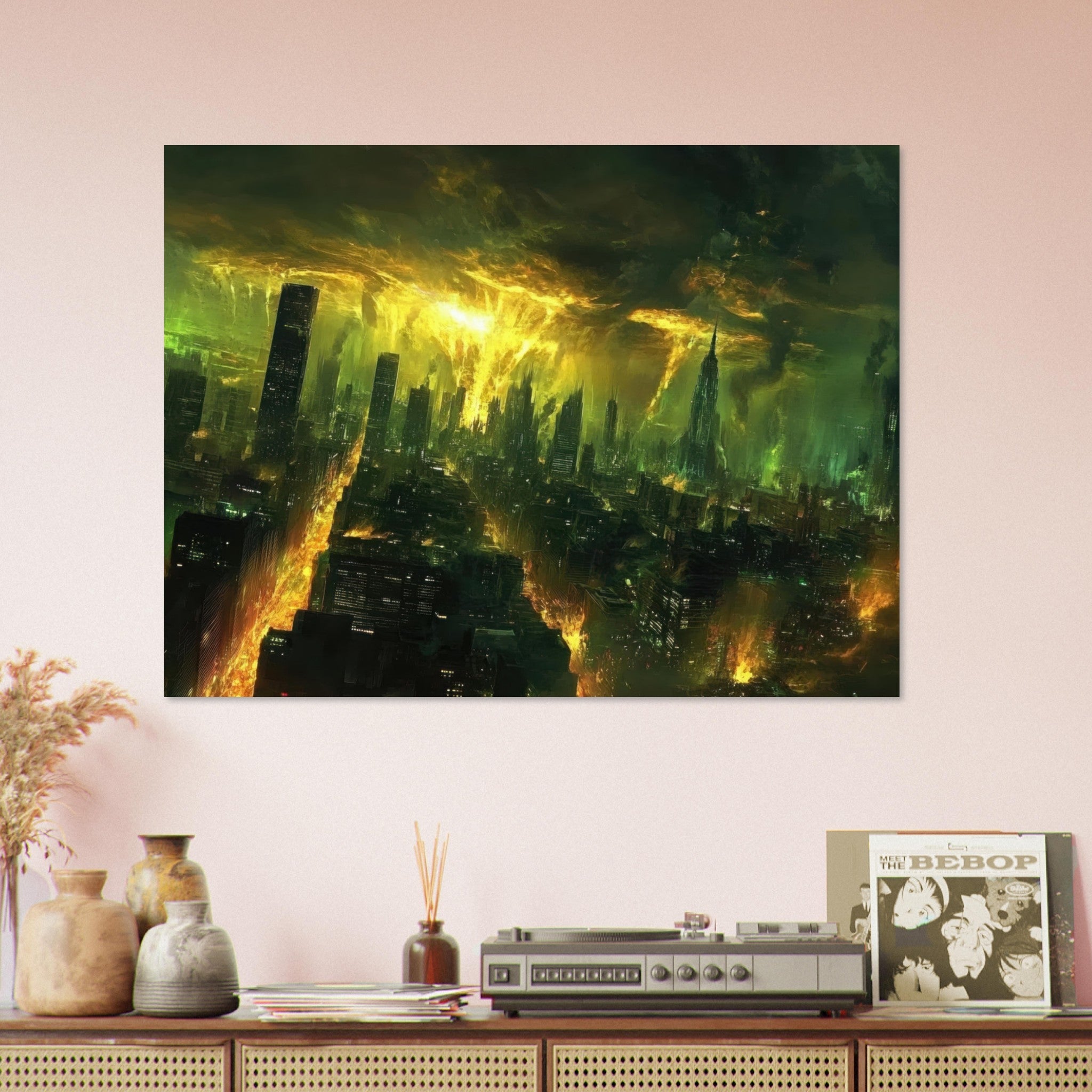 Fine Art Poster Landscape - A sprawling city skyline but every building bend - Shop Ai Art WebShop - Digital Art online Store