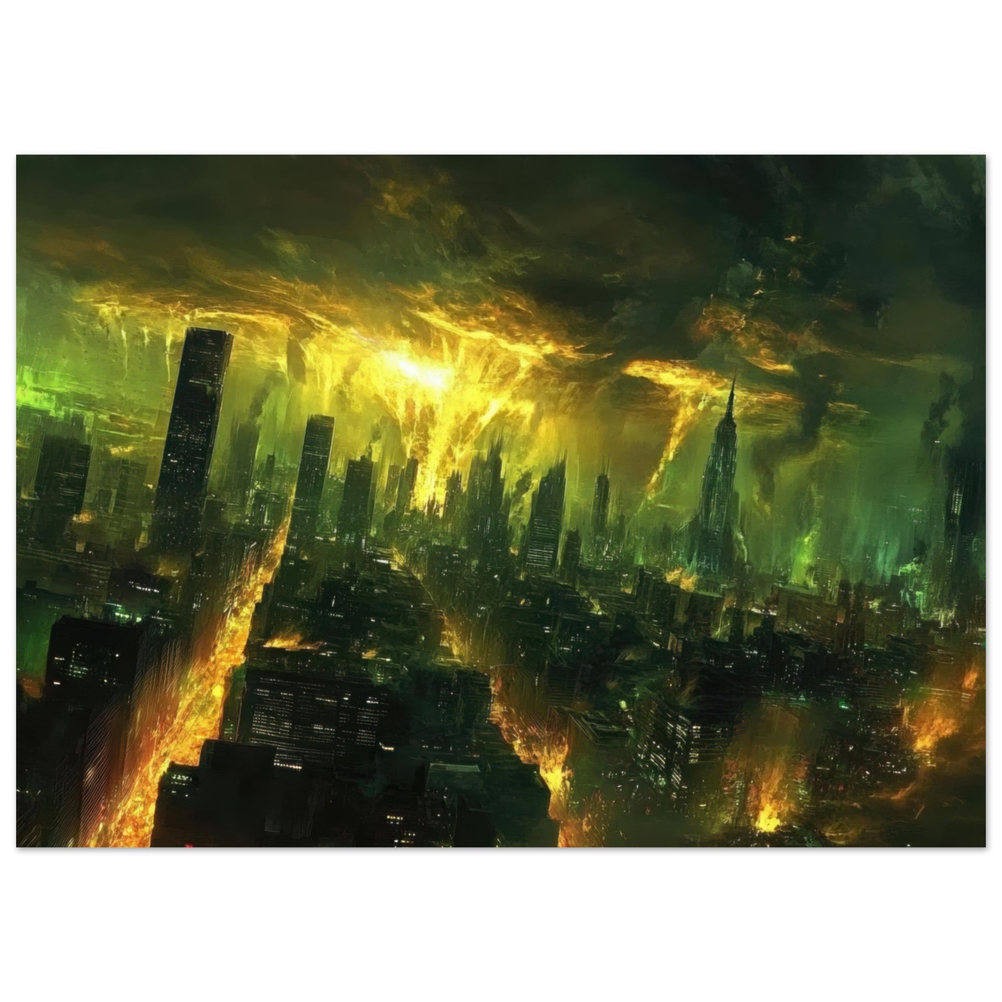 Fine Art Poster Landscape - A sprawling city skyline but every building bend - Shop Ai Art WebShop - Digital Art online Store
