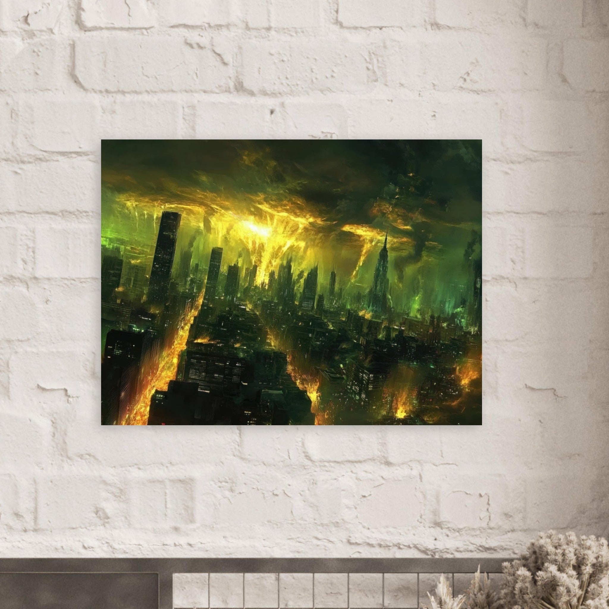 Fine Art Poster Landscape - A sprawling city skyline but every building bend - Shop Ai Art WebShop - Digital Art online Store