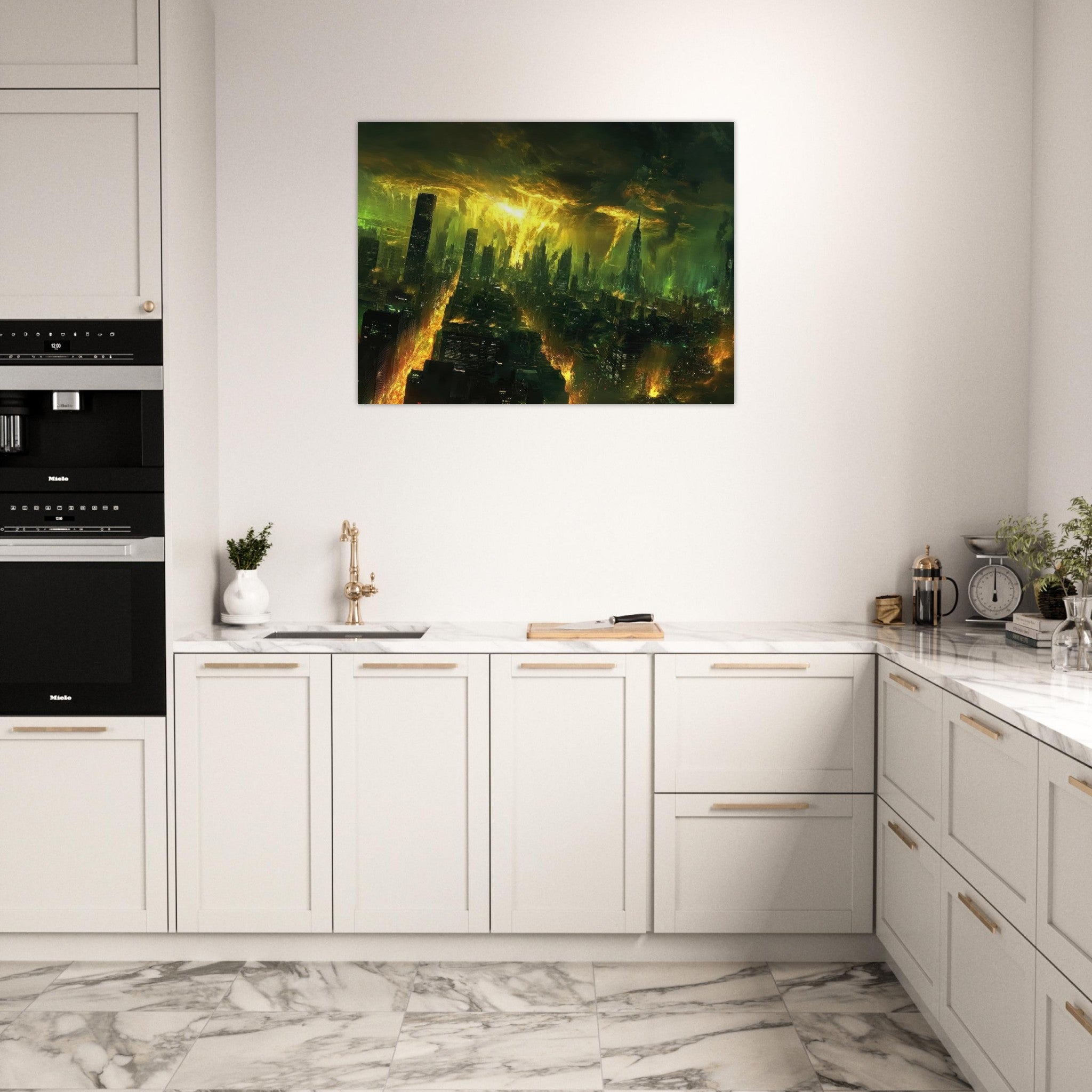 Fine Art Poster Landscape - A sprawling city skyline but every building bend - Shop Ai Art WebShop - Digital Art online Store