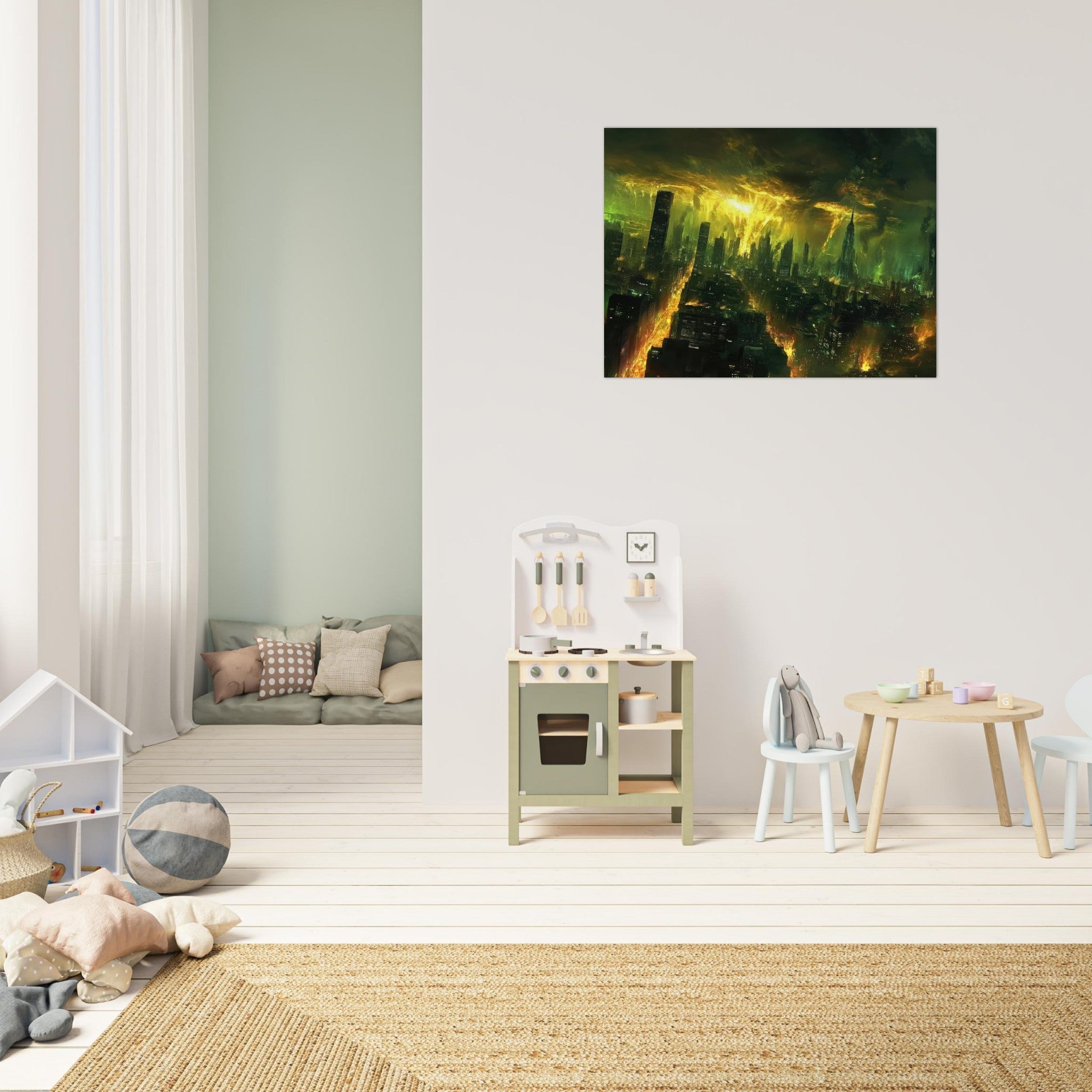 Fine Art Poster Landscape - A sprawling city skyline but every building bend - Shop Ai Art WebShop - Digital Art online Store