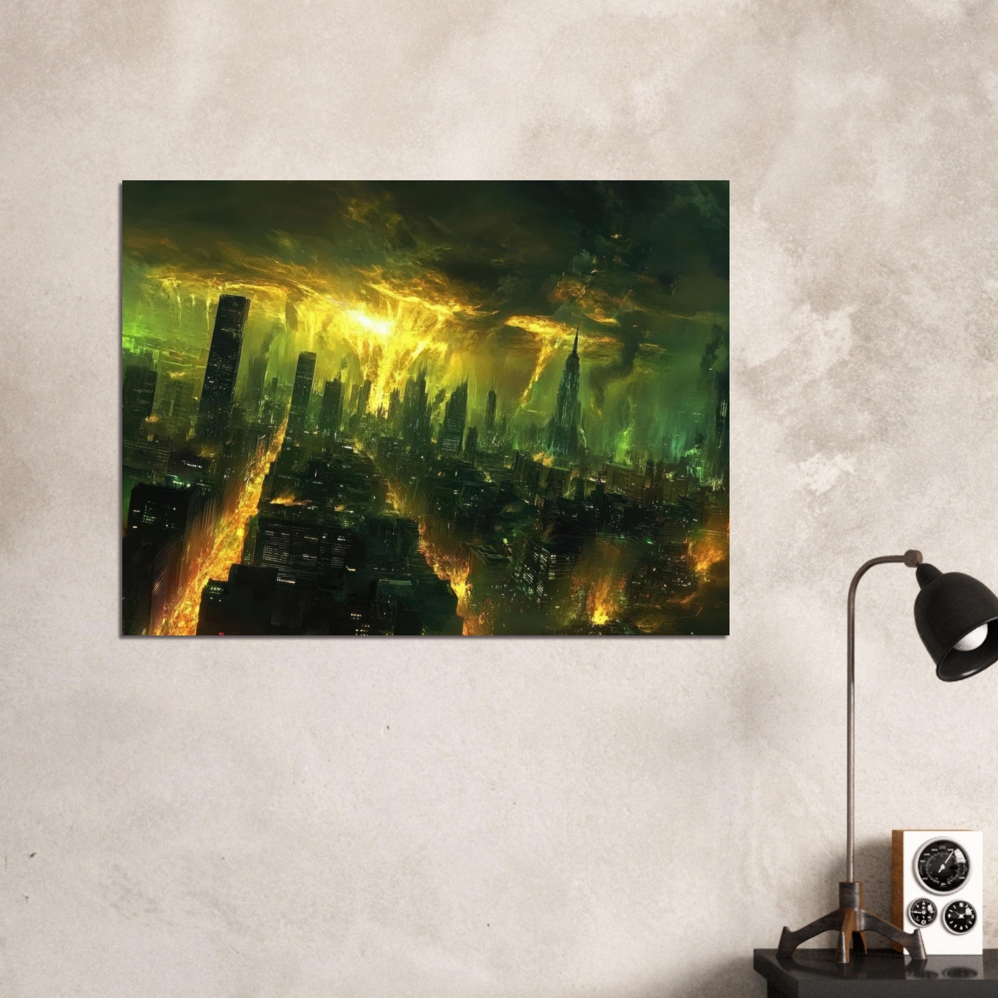 Fine Art Poster Landscape - A sprawling city skyline but every building bend - Shop Ai Art WebShop - Digital Art online Store