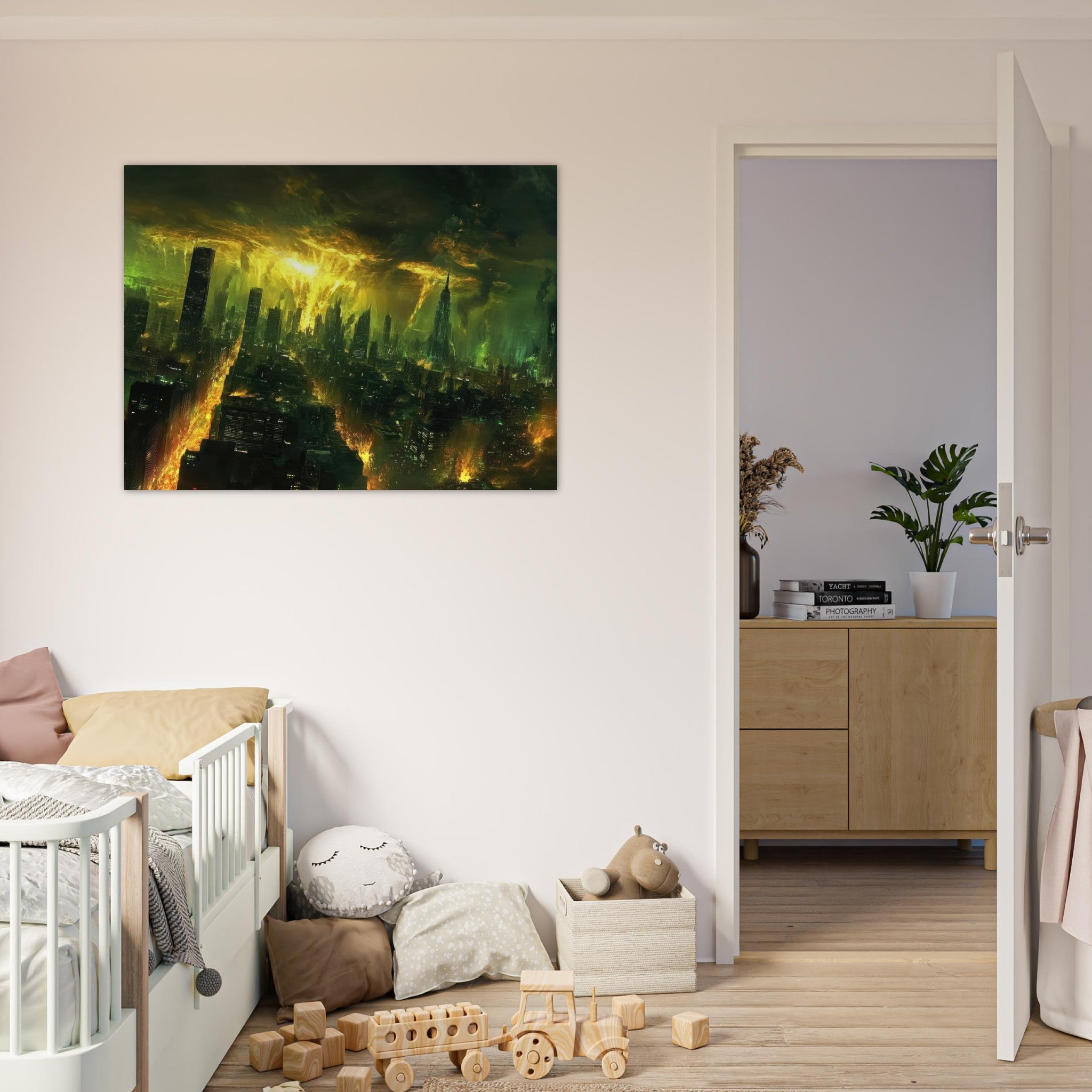 Fine Art Poster Landscape - A sprawling city skyline but every building bend - Shop Ai Art WebShop - Digital Art online Store