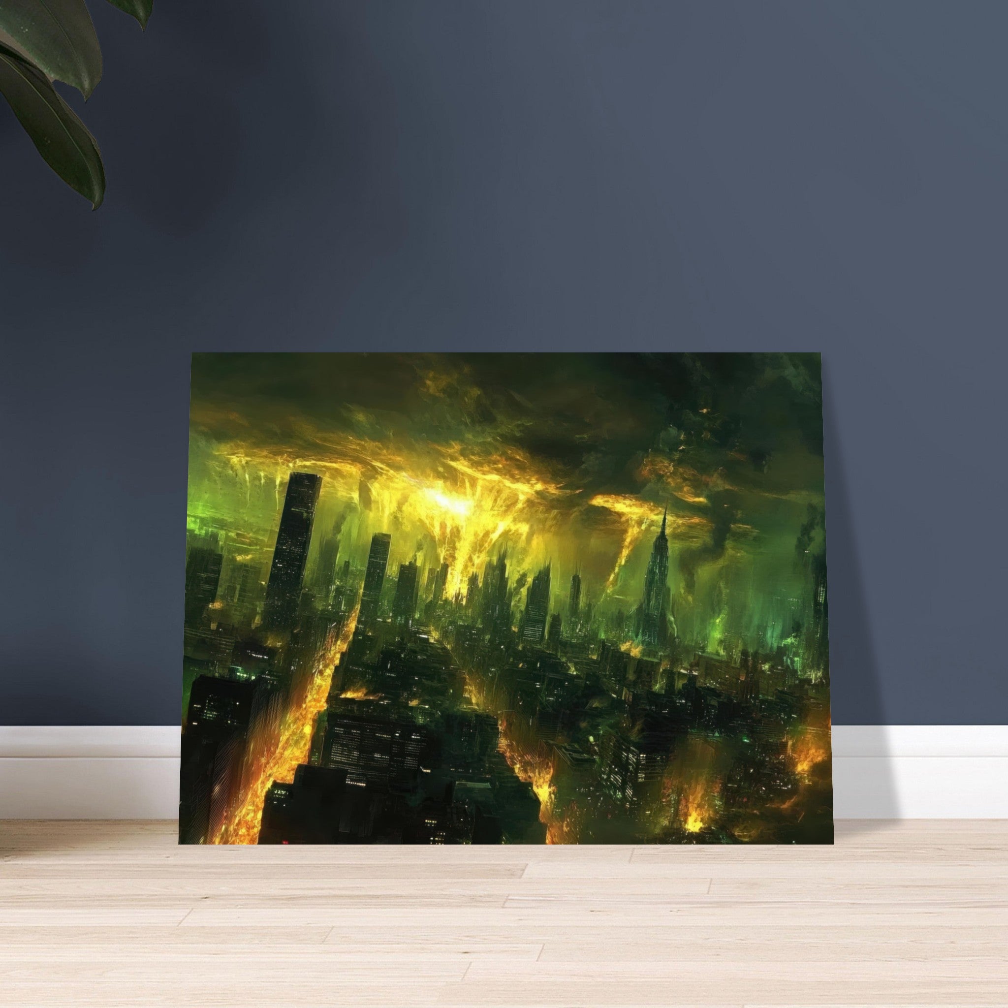 Fine Art Poster Landscape - A sprawling city skyline but every building bend - Shop Ai Art WebShop - Digital Art online Store