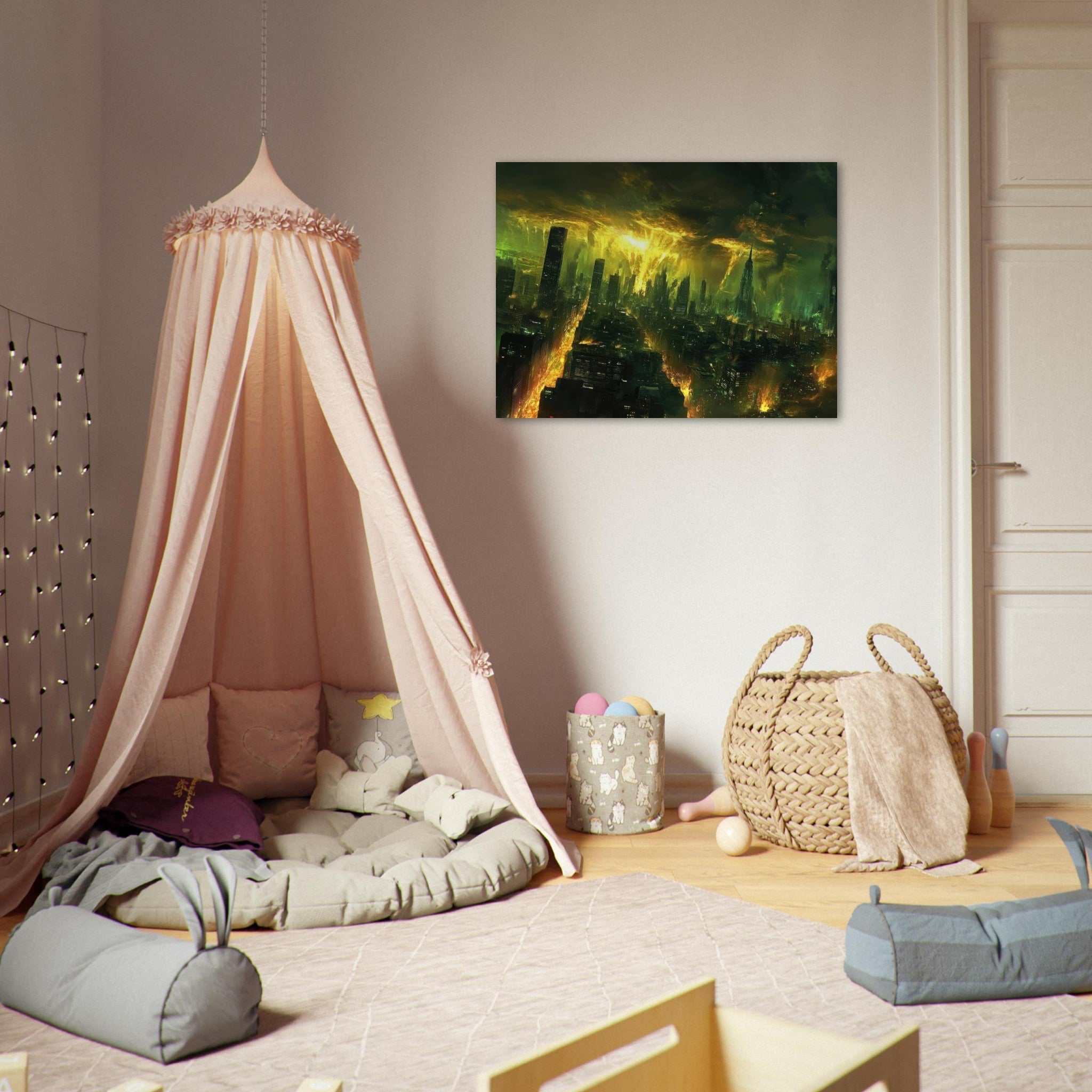 Fine Art Poster Landscape - A sprawling city skyline but every building bend - Shop Ai Art WebShop - Digital Art online Store