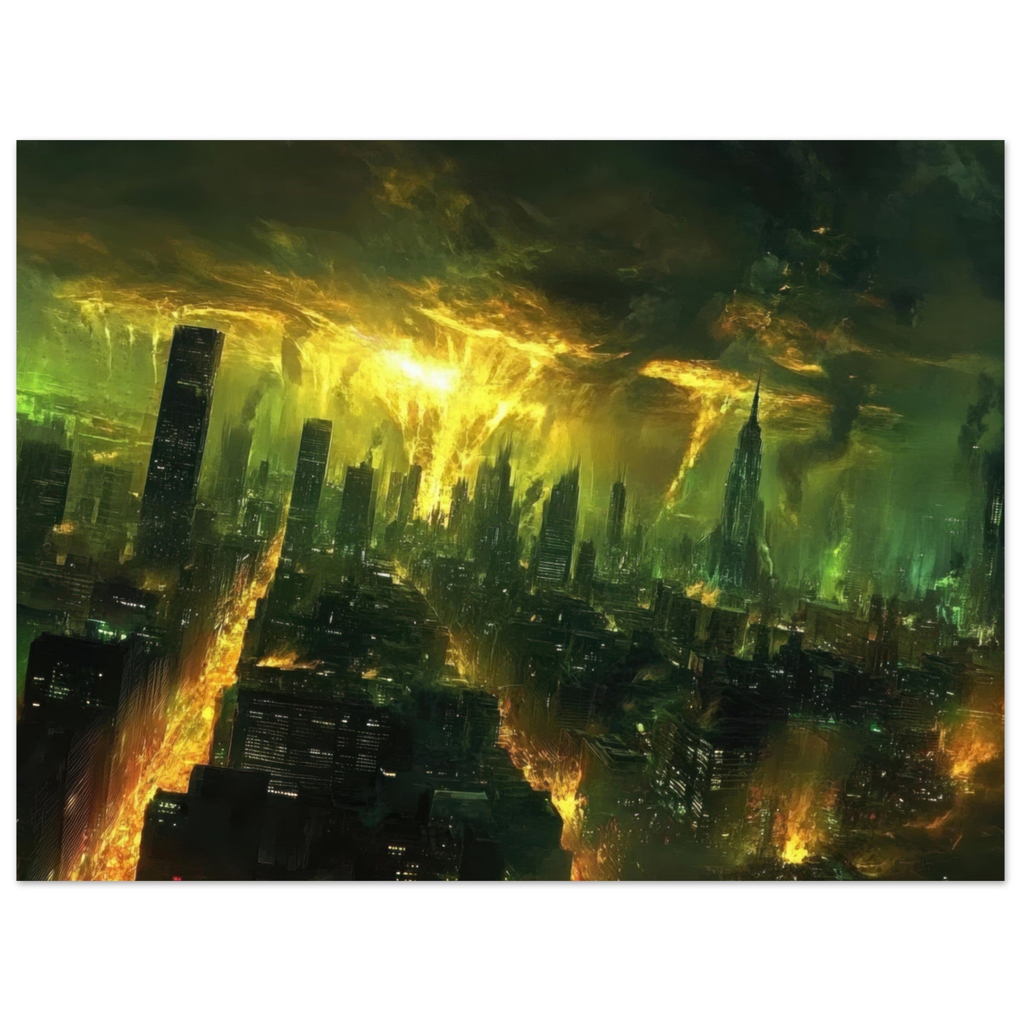 Fine Art Poster Landscape - A sprawling city skyline but every building bend - Shop Ai Art WebShop - Digital Art online Store