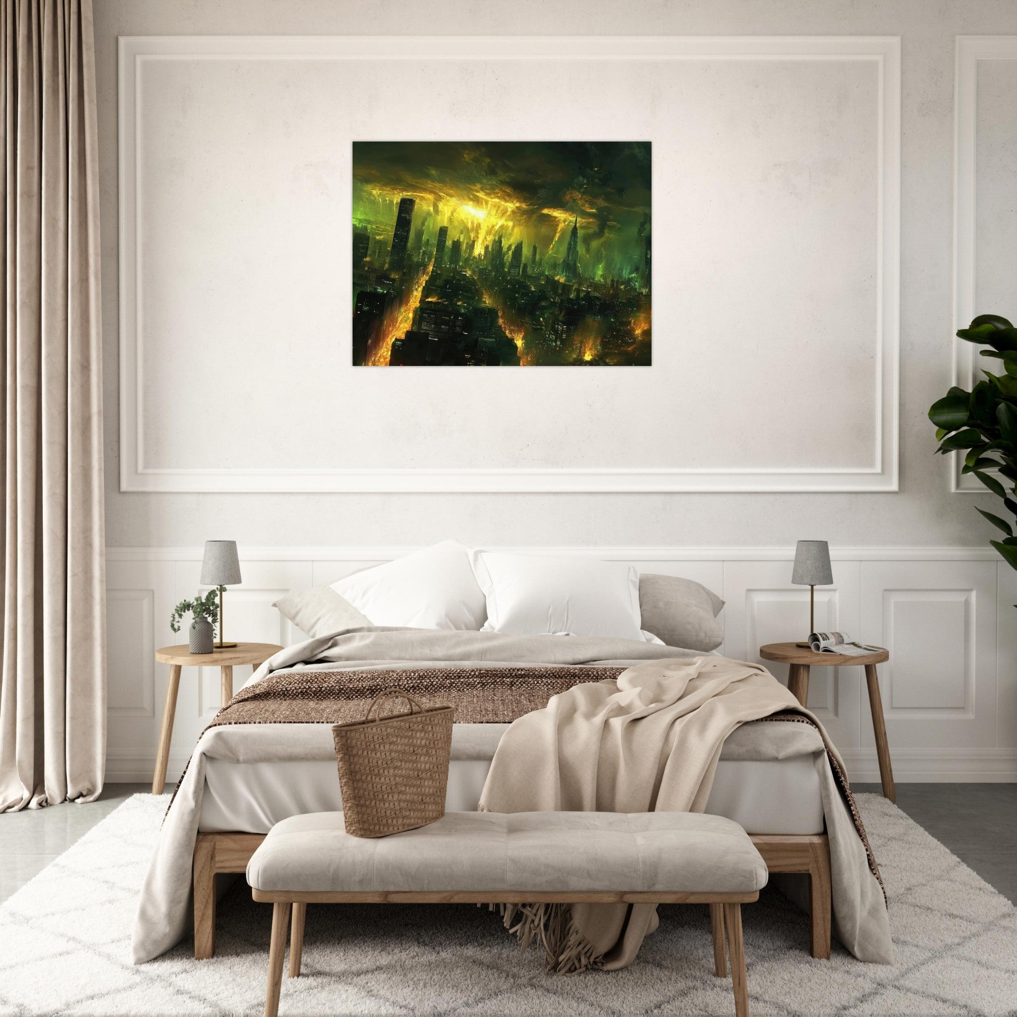 Fine Art Poster Landscape - A sprawling city skyline but every building bend - Shop Ai Art WebShop - Digital Art online Store