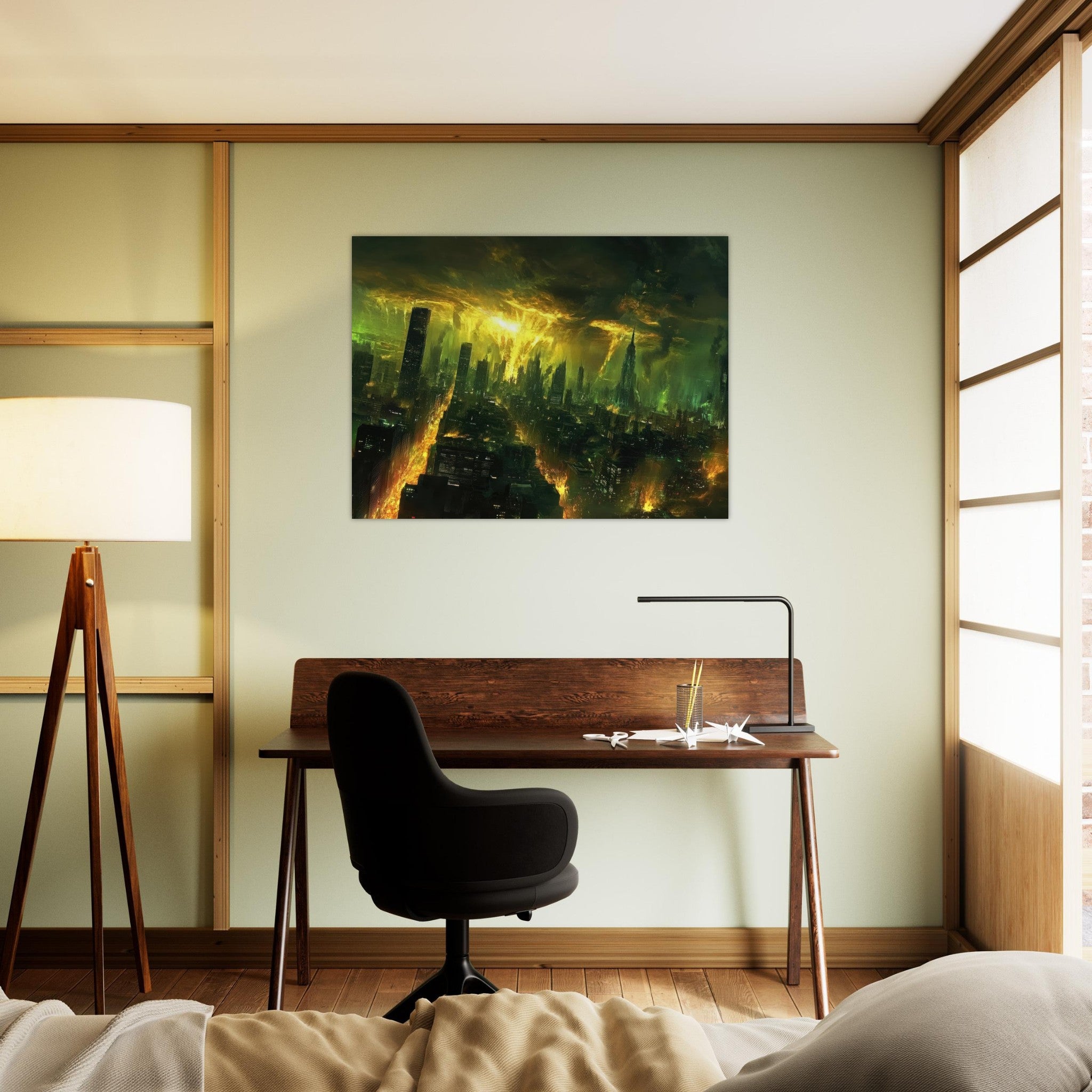 Fine Art Poster Landscape - A sprawling city skyline but every building bend - Shop Ai Art WebShop - Digital Art online Store
