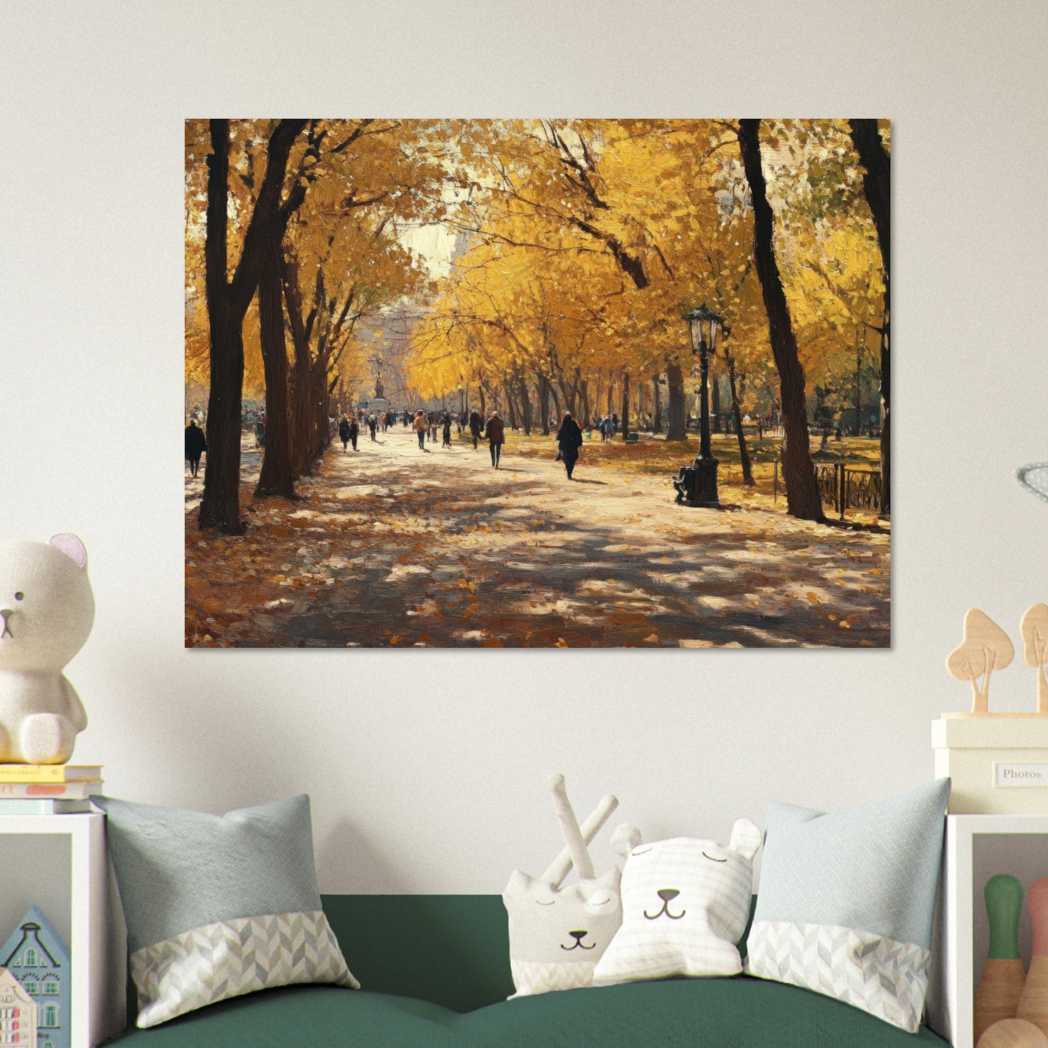 Fine Art Poster Landscape - Autumn Park with Strolling Figures A vast park - Shop Ai Art WebShop - Digital Art online Store