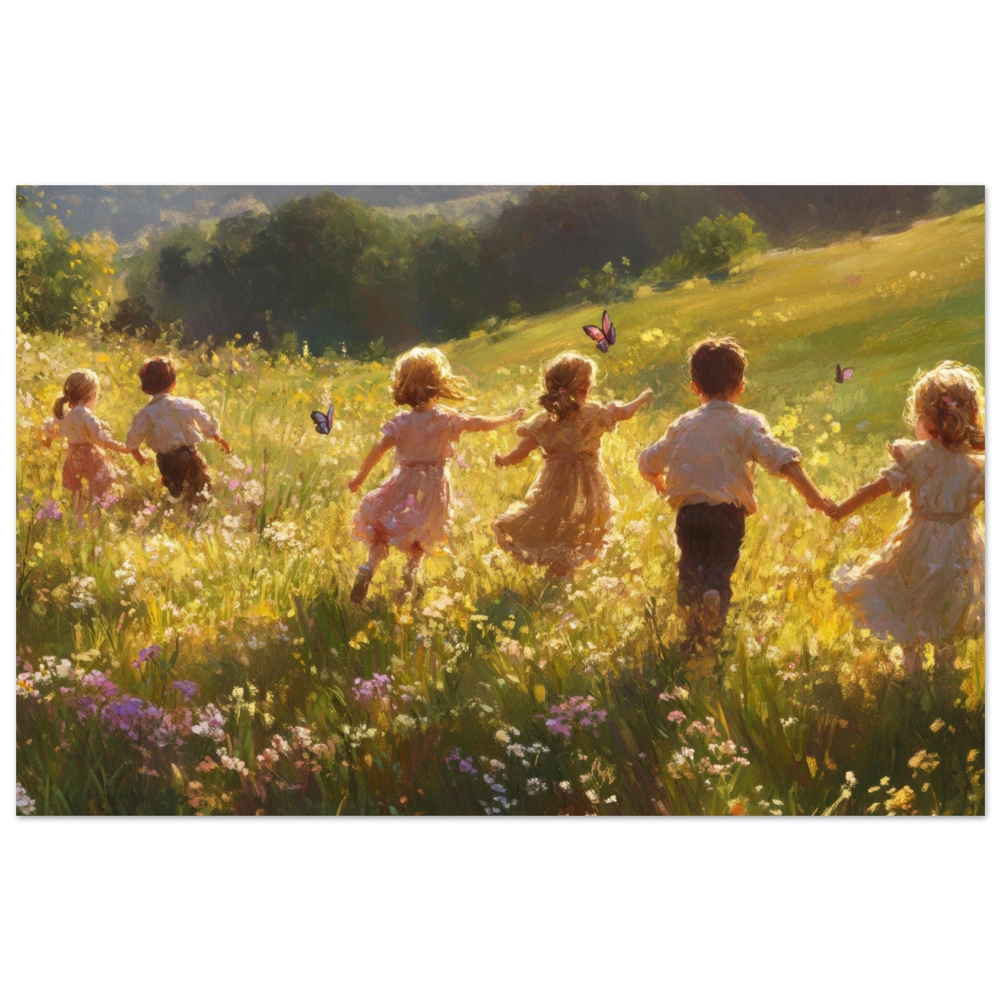 Fine Art Poster Landscape - Children Playing in a Meadow A sunlit country - Shop Ai Art WebShop - Digital Art online Store