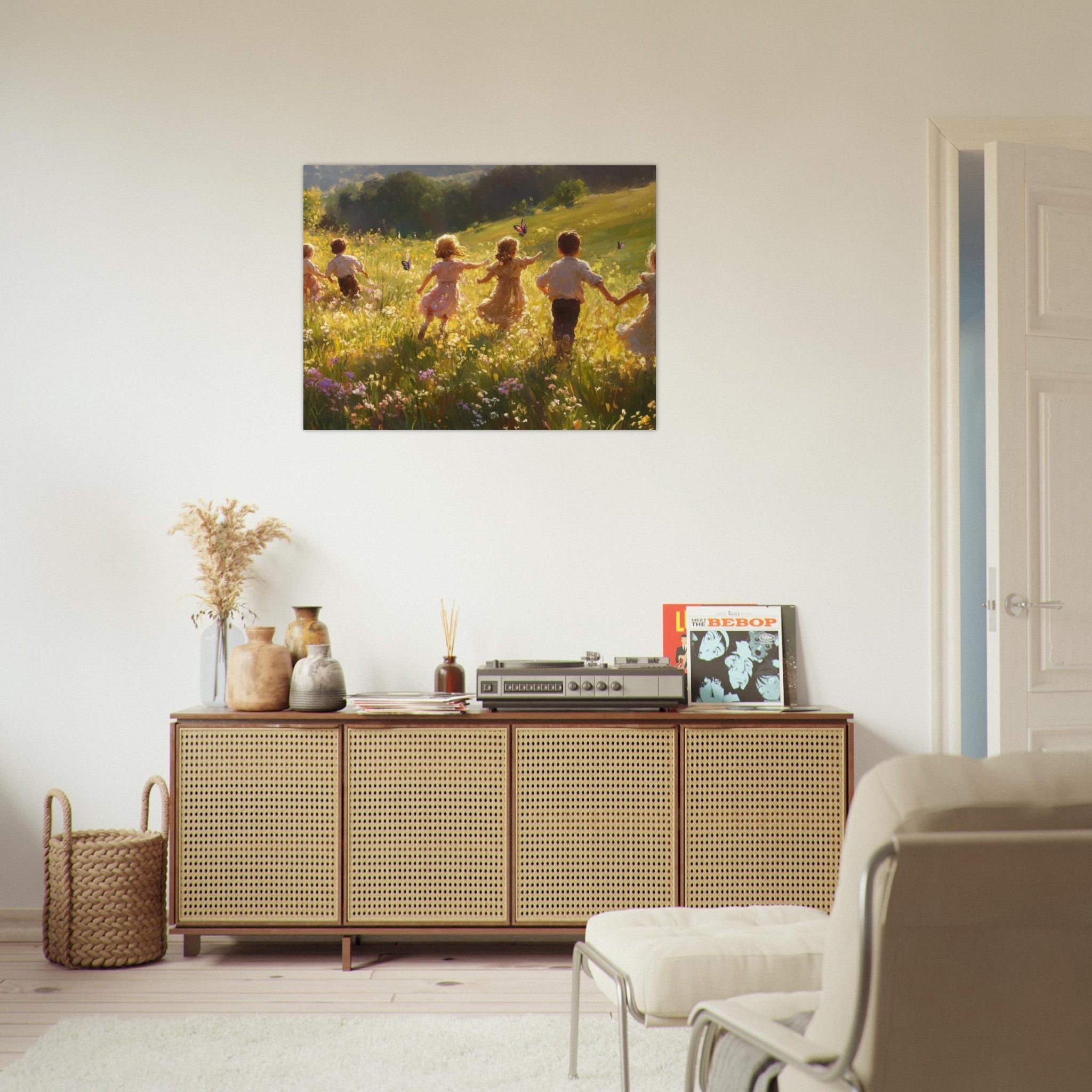 Fine Art Poster Landscape - Children Playing in a Meadow A sunlit country - Shop Ai Art WebShop - Digital Art online Store