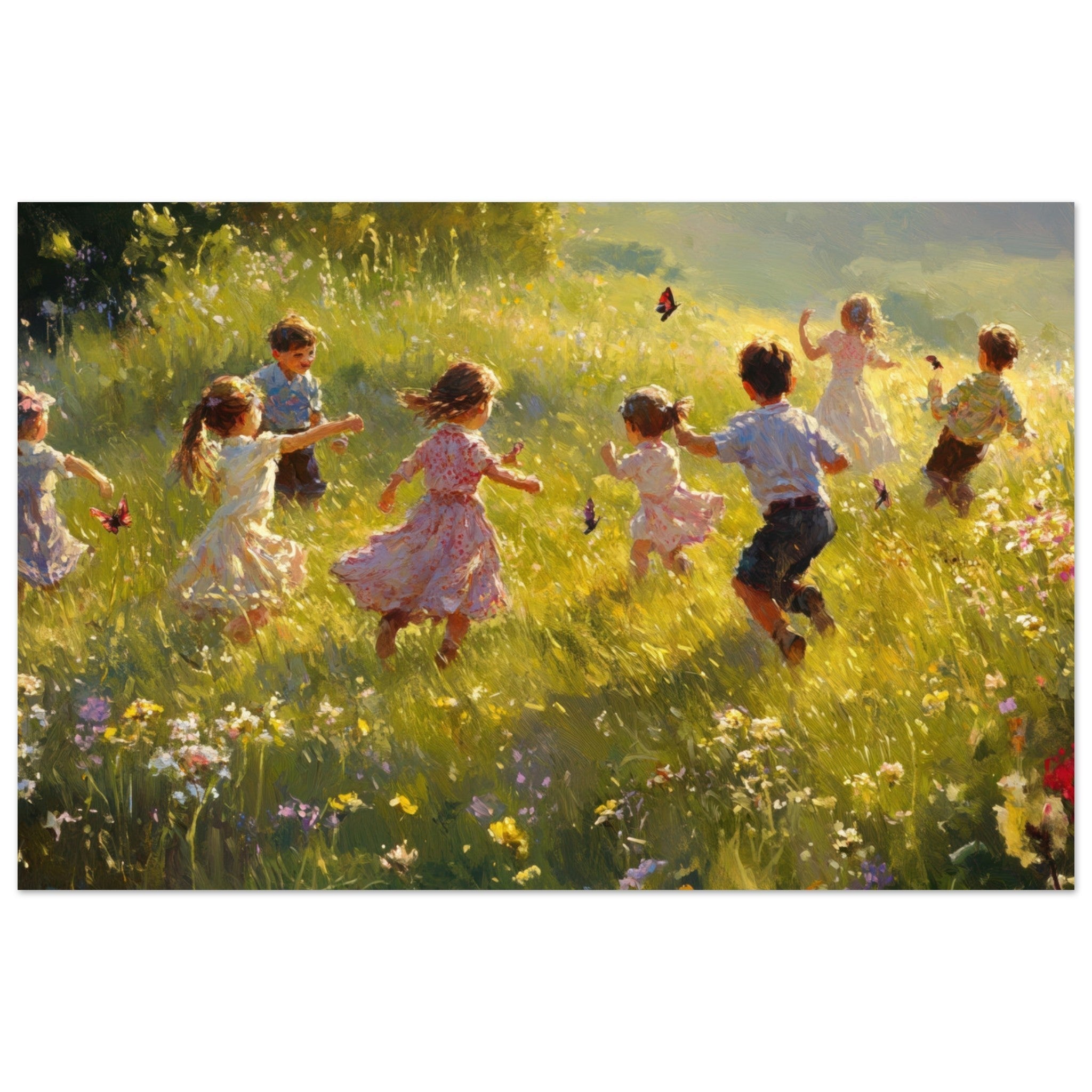 Fine Art Poster Landscape - Children Playing in a Meadow A sunlit country 2 - Shop Ai Art WebShop - Digital Art online Store
