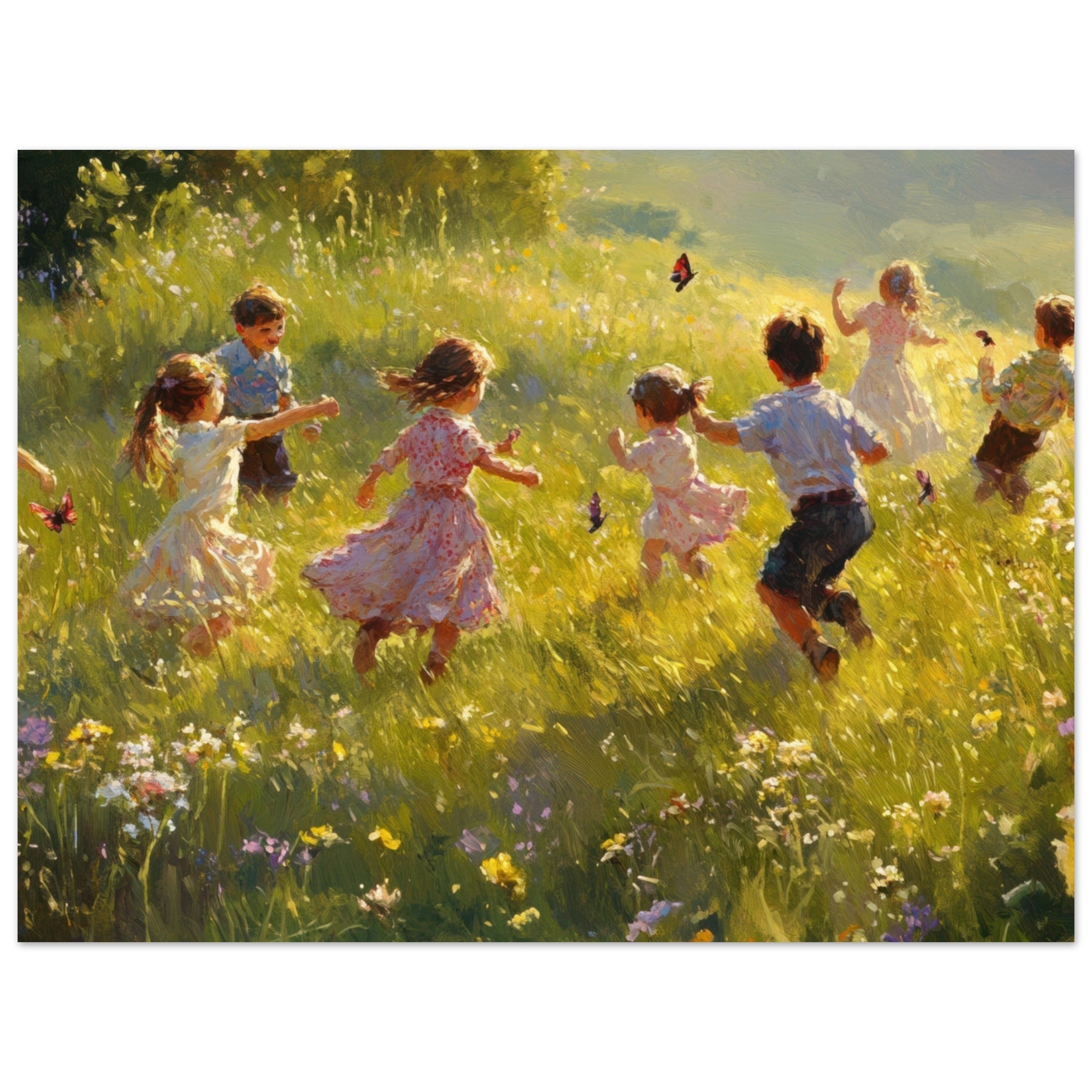Fine Art Poster Landscape - Children Playing in a Meadow A sunlit country 2 - Shop Ai Art WebShop - Digital Art online Store