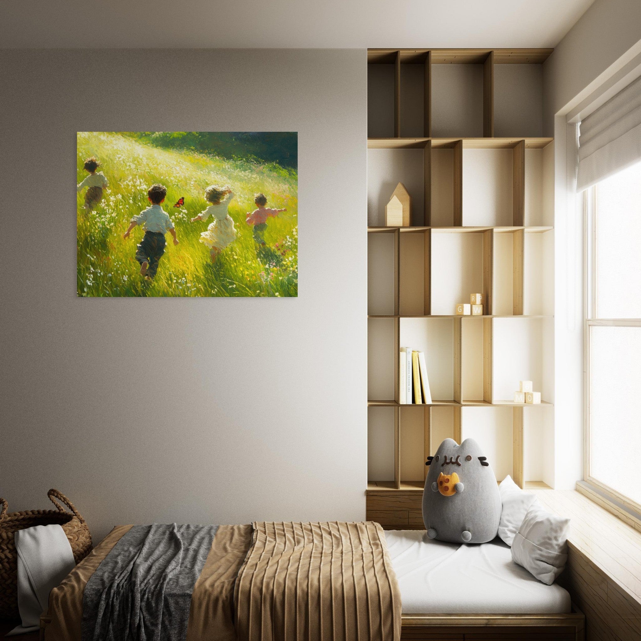 Fine Art Poster Landscape - Children Playing in a Meadow A sunlit country 3 - Shop Ai Art WebShop - Digital Art online Store