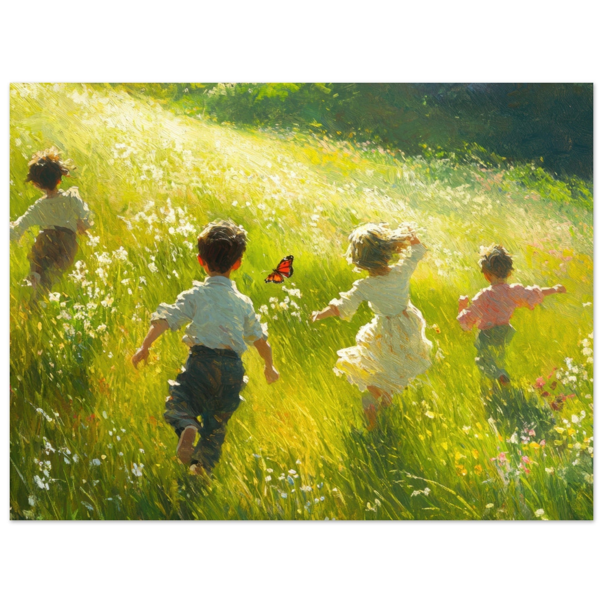 Fine Art Poster Landscape - Children Playing in a Meadow A sunlit country 3 - Shop Ai Art WebShop - Digital Art online Store