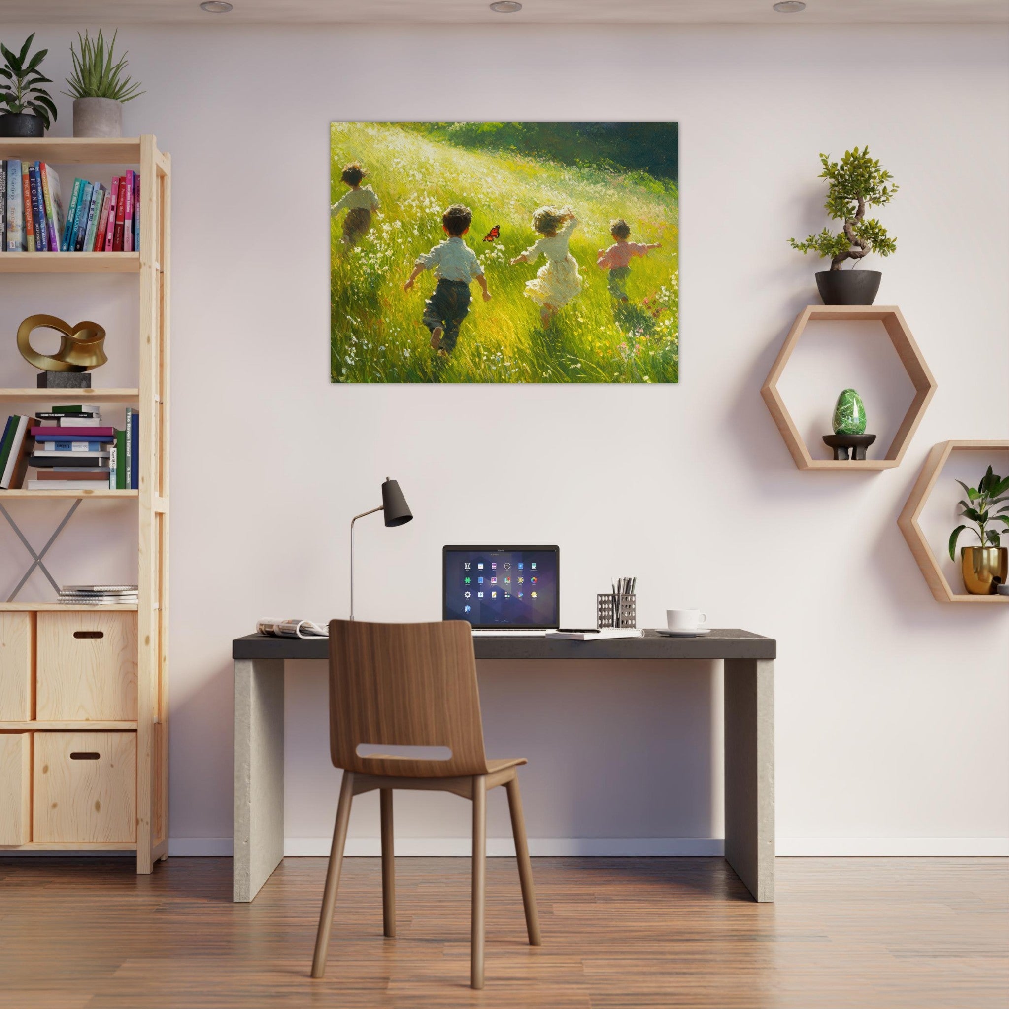 Fine Art Poster Landscape - Children Playing in a Meadow A sunlit country 3 - Shop Ai Art WebShop - Digital Art online Store