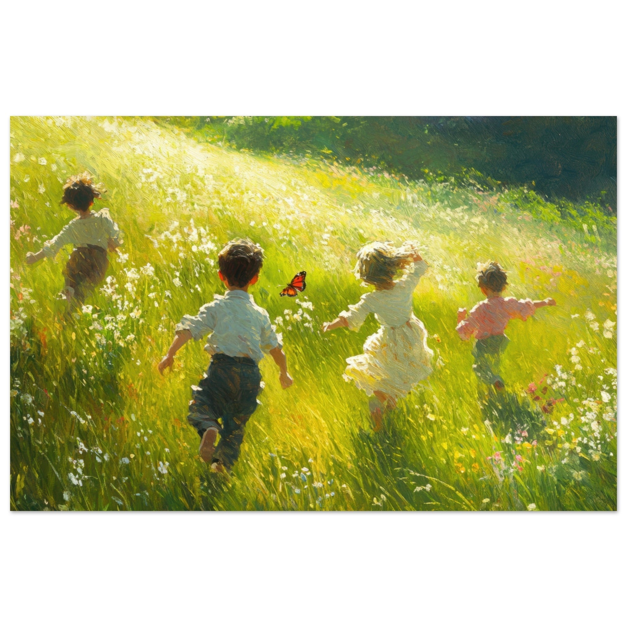Fine Art Poster Landscape - Children Playing in a Meadow A sunlit country 3 - Shop Ai Art WebShop - Digital Art online Store