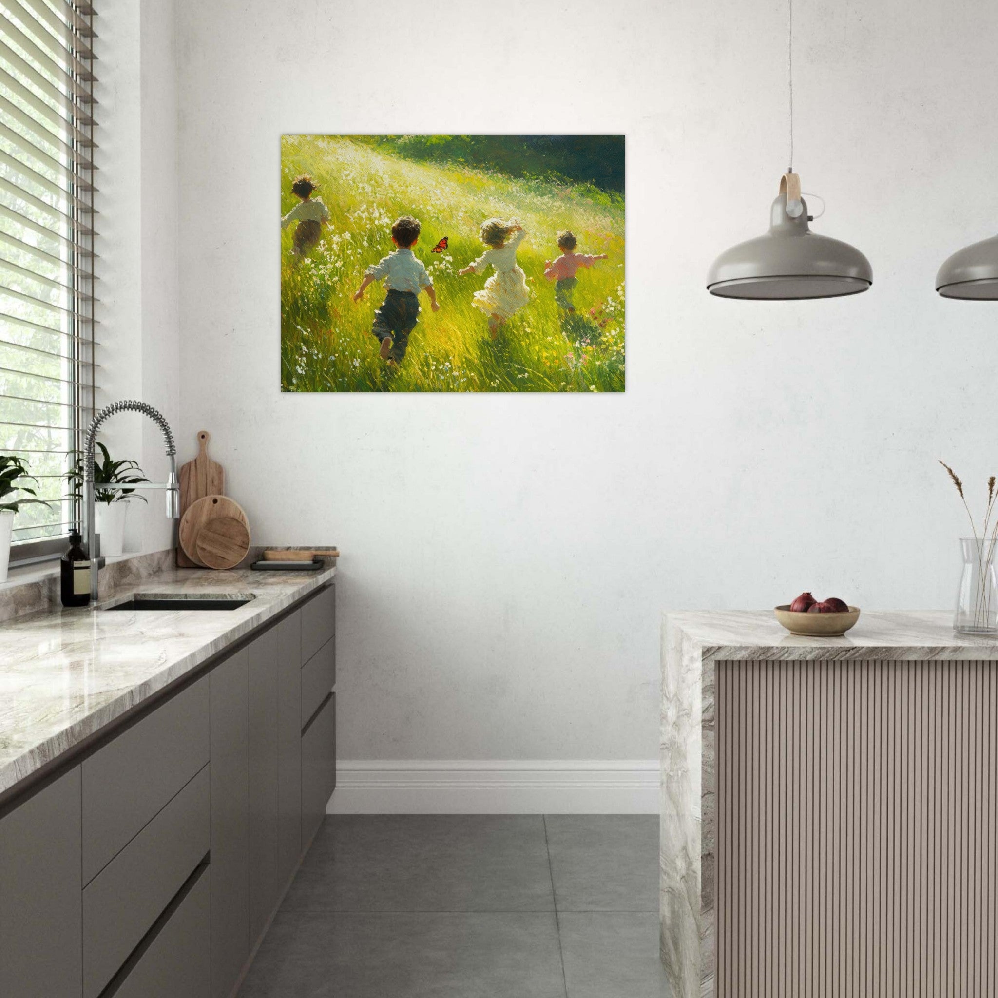 Fine Art Poster Landscape - Children Playing in a Meadow A sunlit country 3 - Shop Ai Art WebShop - Digital Art online Store