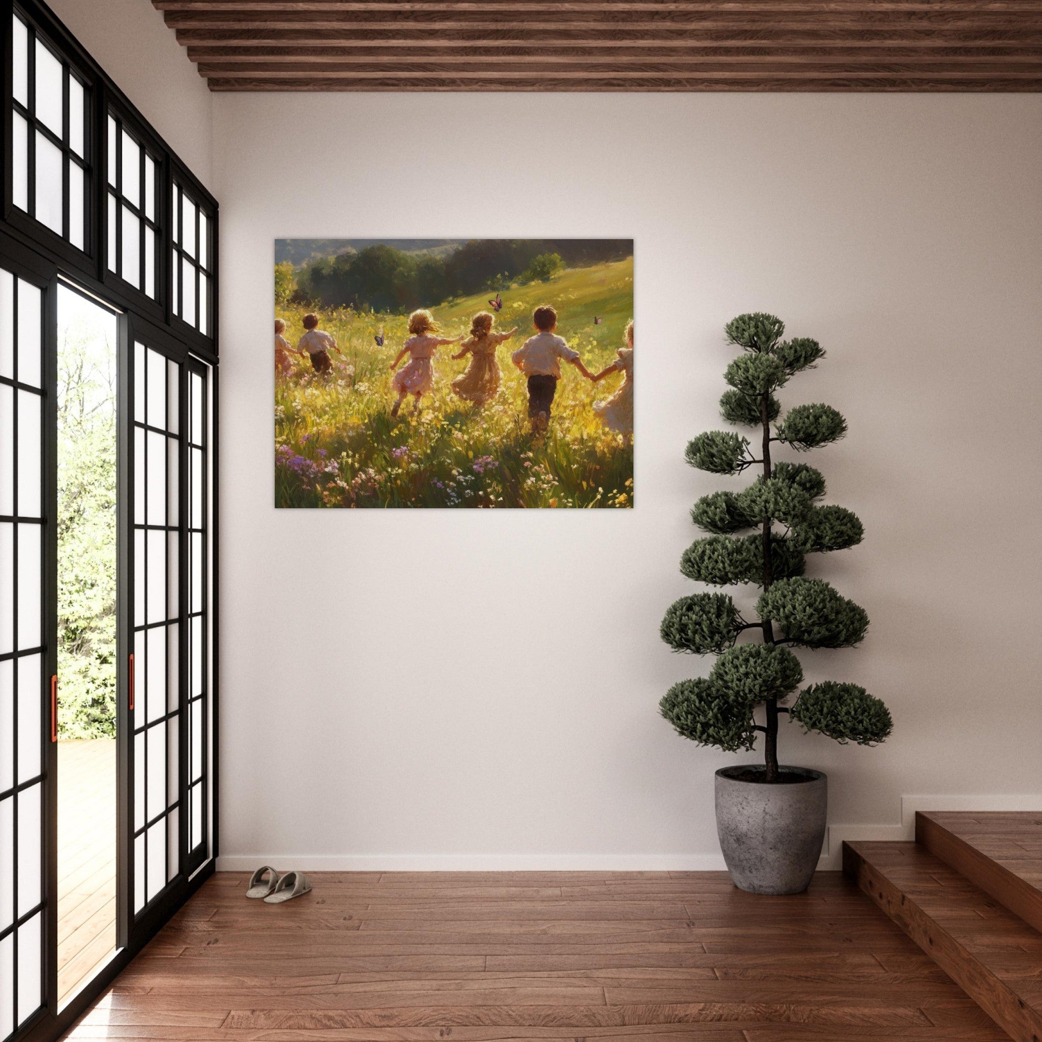 Fine Art Poster Landscape - Children Playing in a Meadow A sunlit country - Shop Ai Art WebShop - Digital Art online Store
