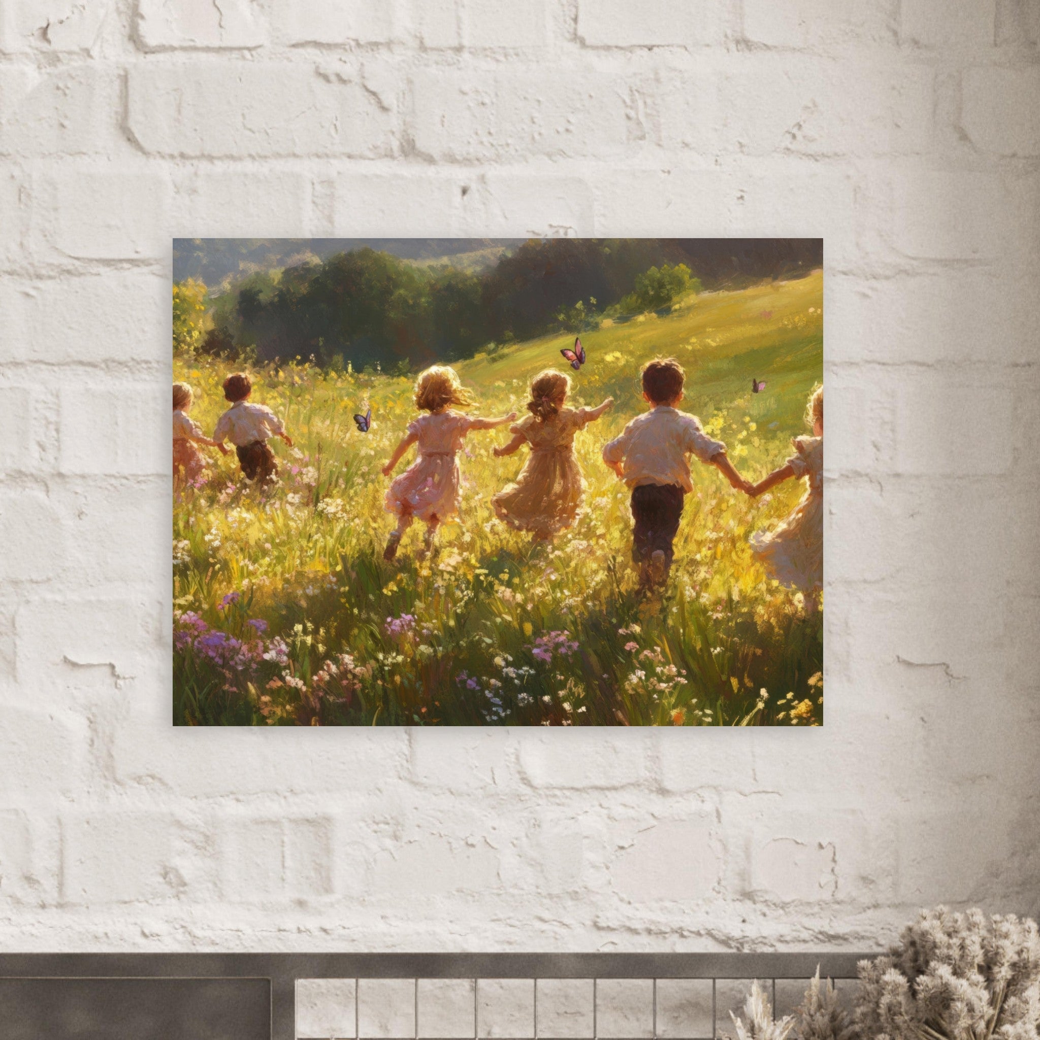 Fine Art Poster Landscape - Children Playing in a Meadow A sunlit country - Shop Ai Art WebShop - Digital Art online Store
