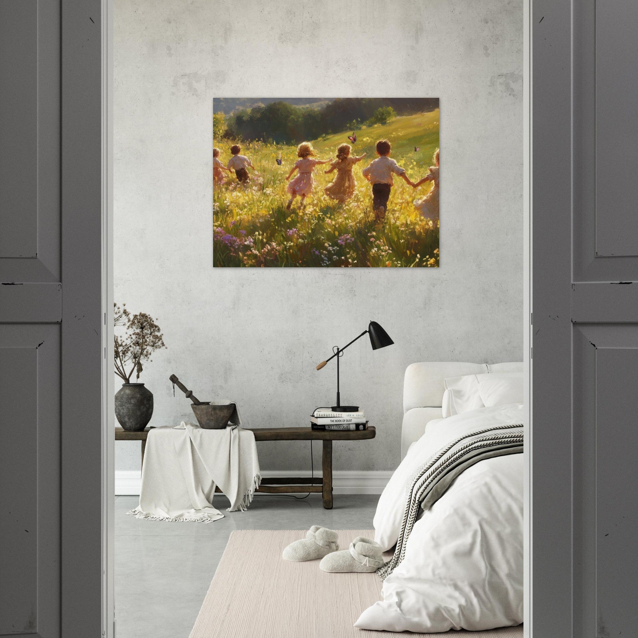 Fine Art Poster Landscape - Children Playing in a Meadow A sunlit country - Shop Ai Art WebShop - Digital Art online Store