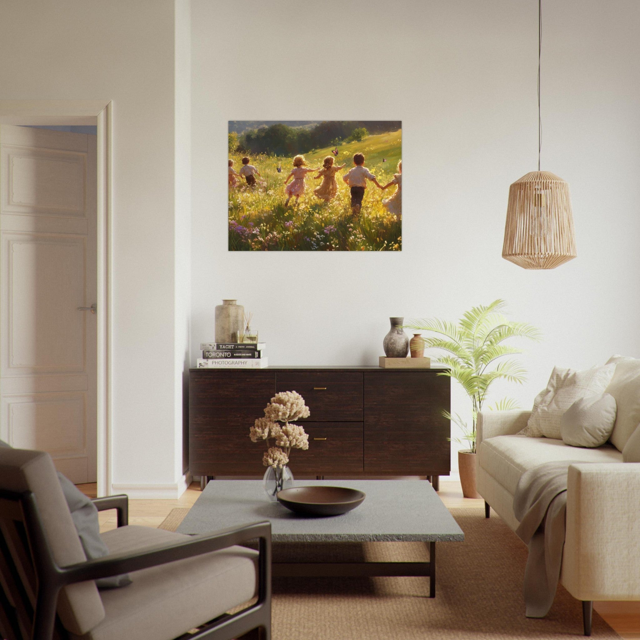 Fine Art Poster Landscape - Children Playing in a Meadow A sunlit country - Shop Ai Art WebShop - Digital Art online Store