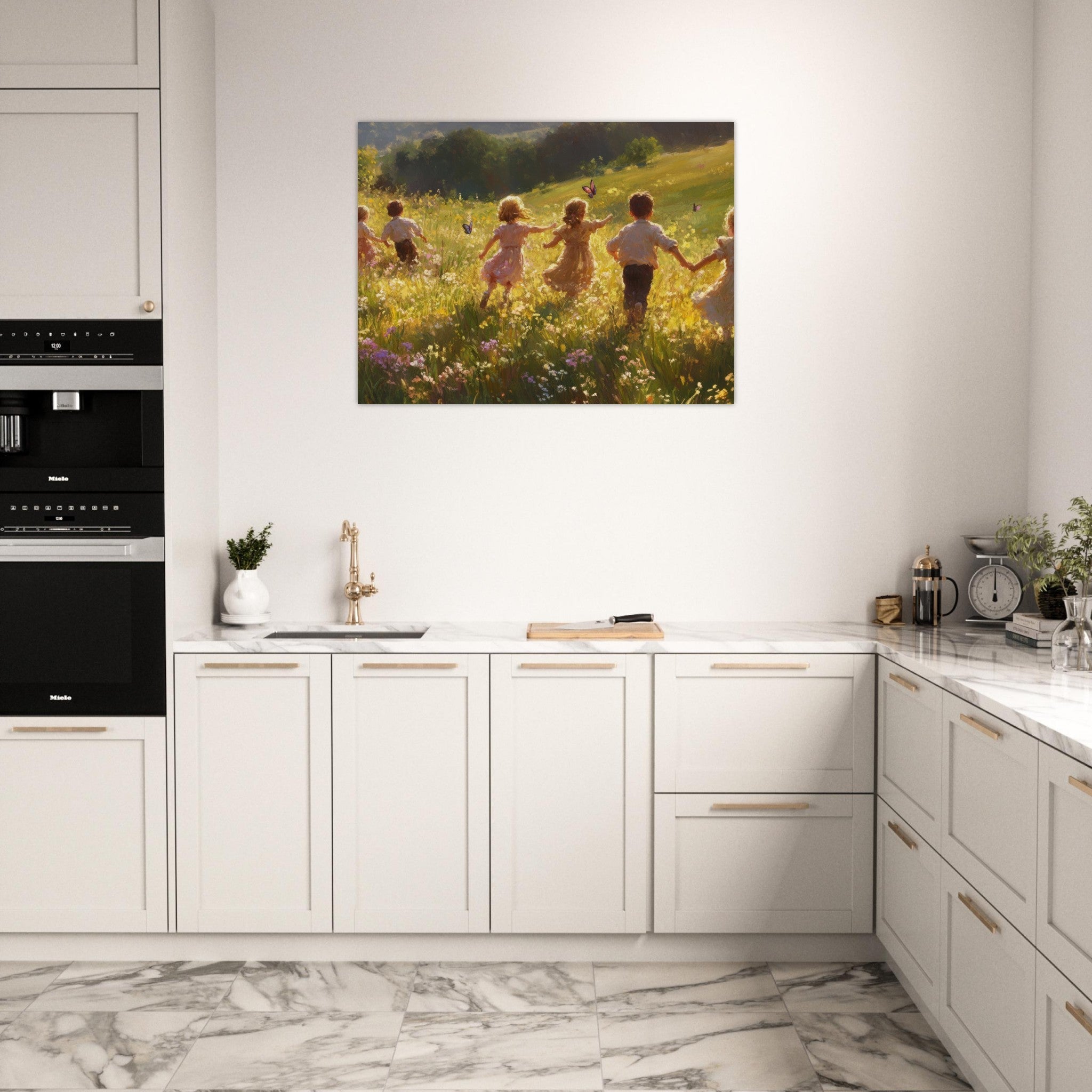 Fine Art Poster Landscape - Children Playing in a Meadow A sunlit country - Shop Ai Art WebShop - Digital Art online Store
