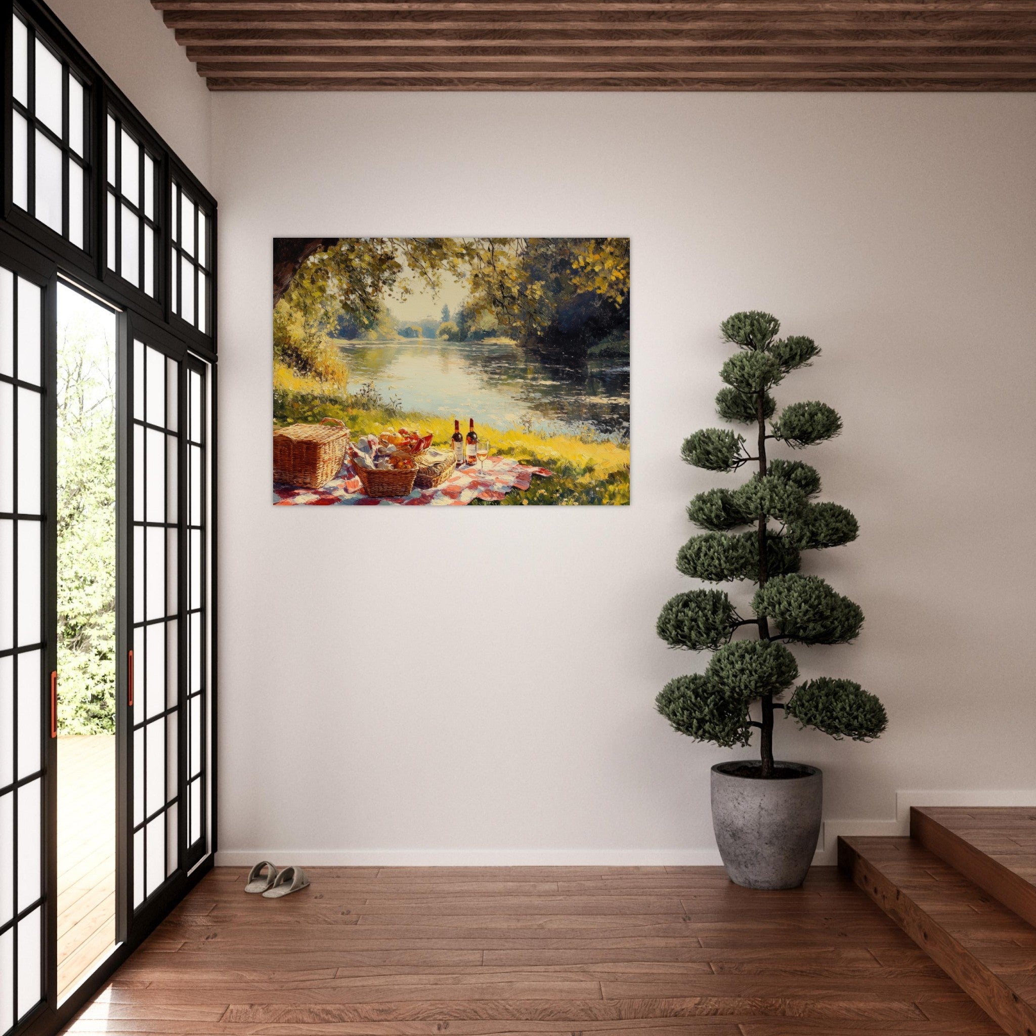 Fine Art Poster Landscape - Countryside Picnic by a River A lazy afternoon - Ai Art Force