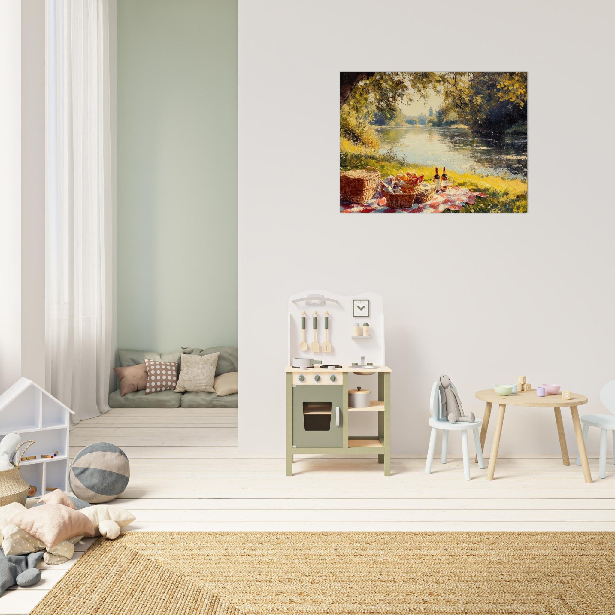 Fine Art Poster Landscape - Countryside Picnic by a River A lazy afternoon - Ai Art Force