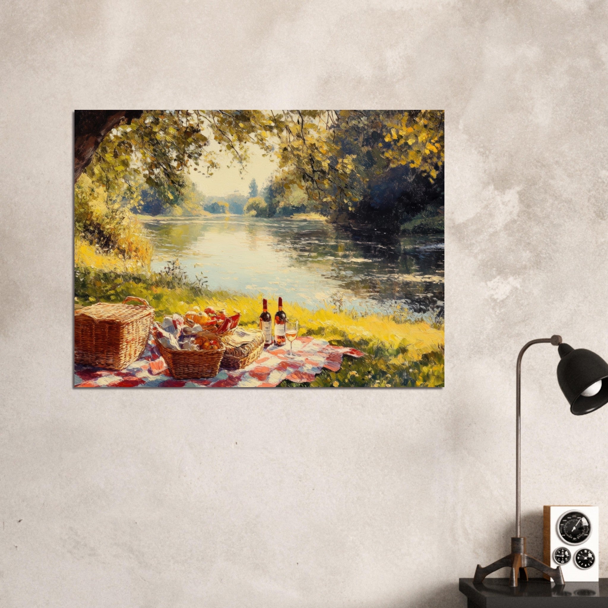 Fine Art Poster Landscape - Countryside Picnic by a River A lazy afternoon - Ai Art Force