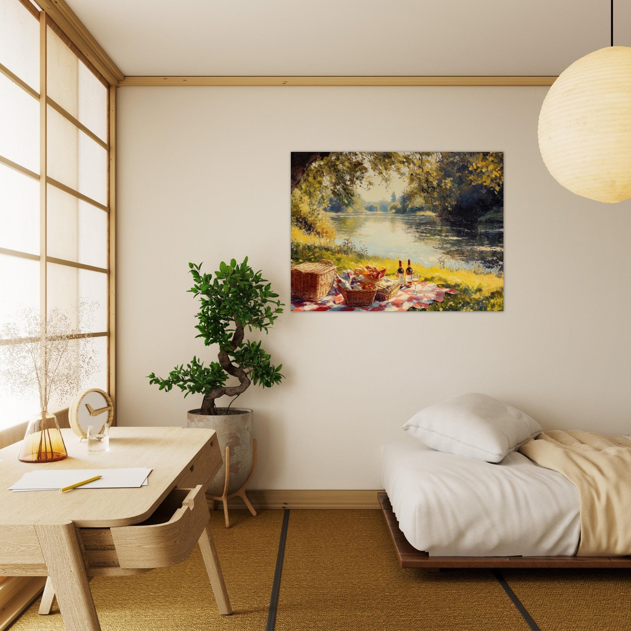 Fine Art Poster Landscape - Countryside Picnic by a River A lazy afternoon - Ai Art Force