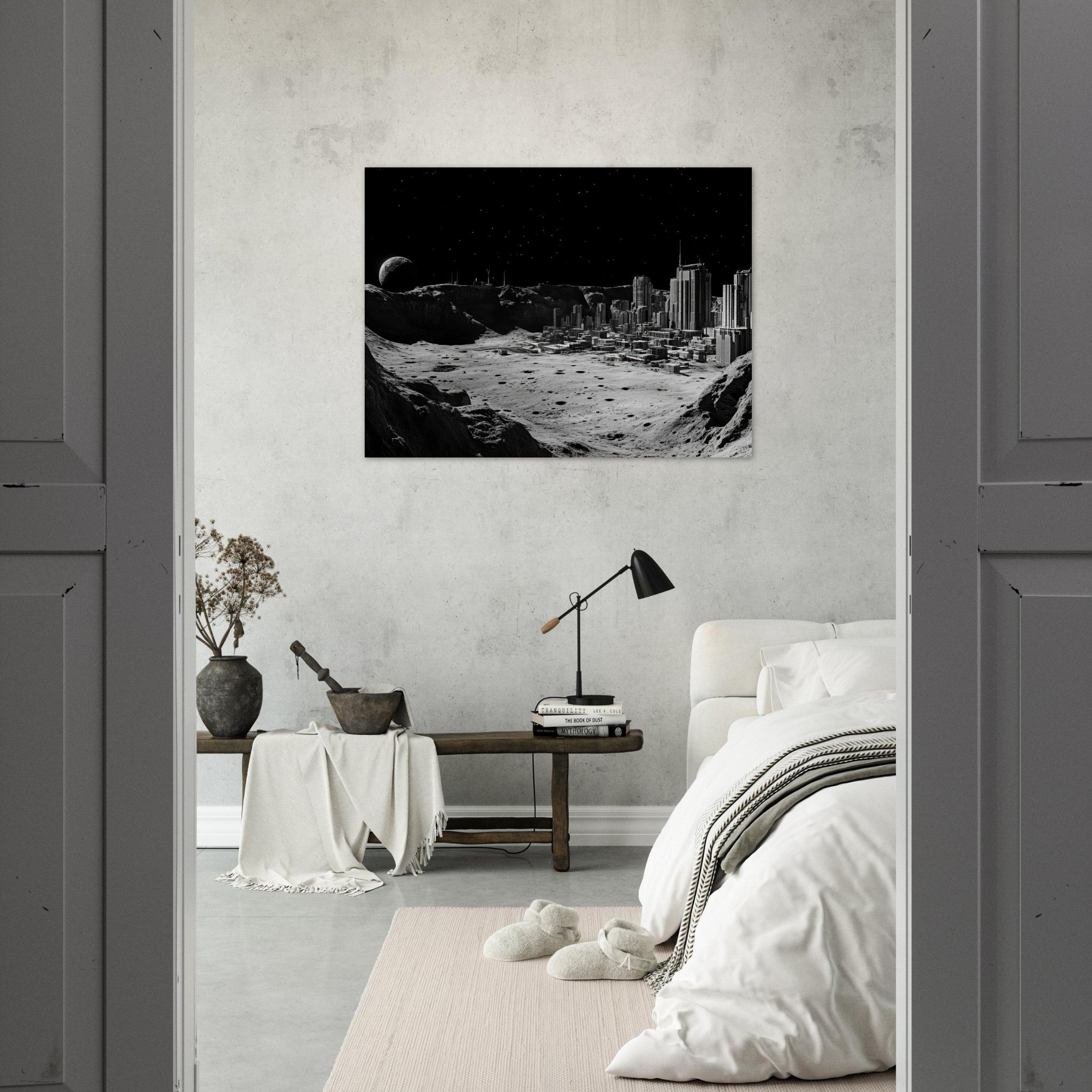 Fine Art Poster Landscape - Crater City on a Dead Moon A sprawling city built - Shop Ai Art WebShop - Digital Art online Store