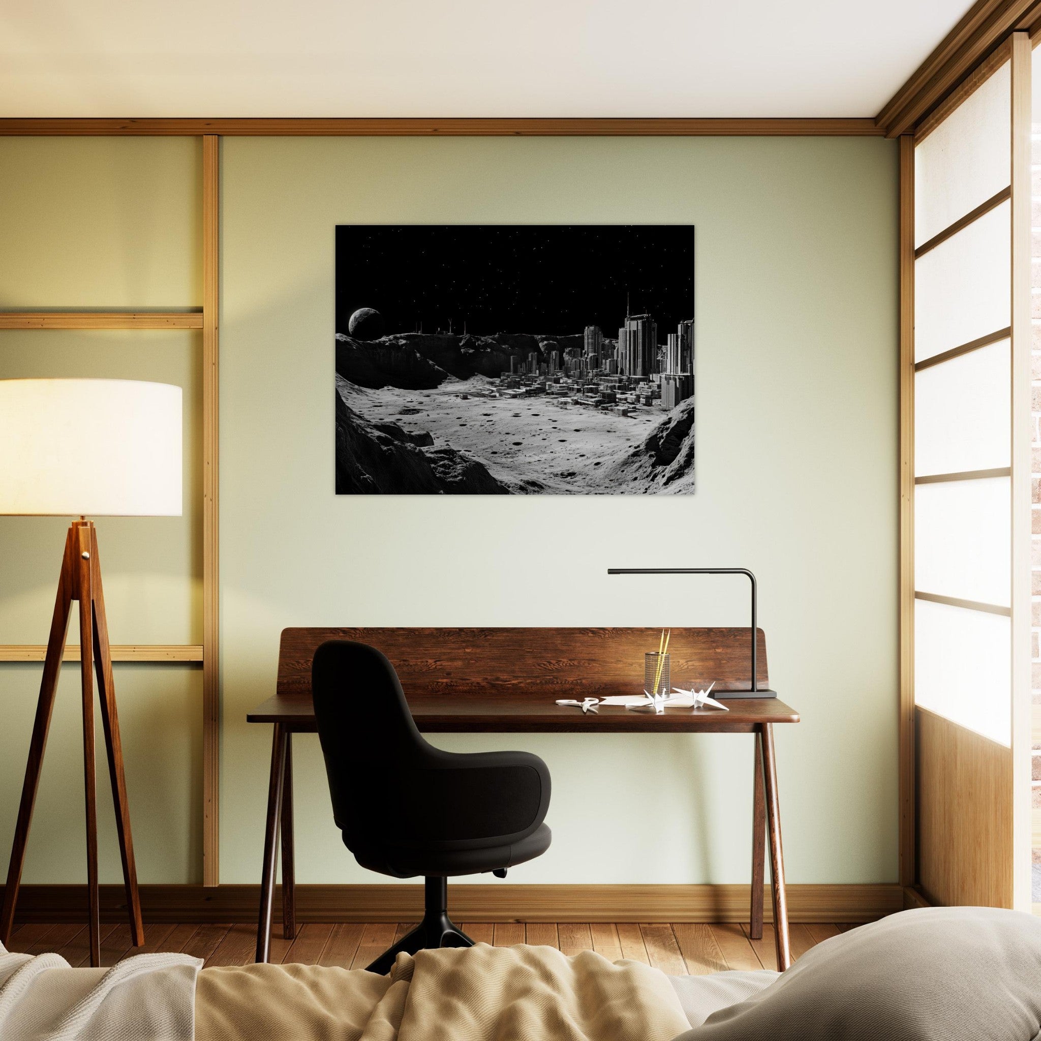 Fine Art Poster Landscape - Crater City on a Dead Moon A sprawling city built - Shop Ai Art WebShop - Digital Art online Store