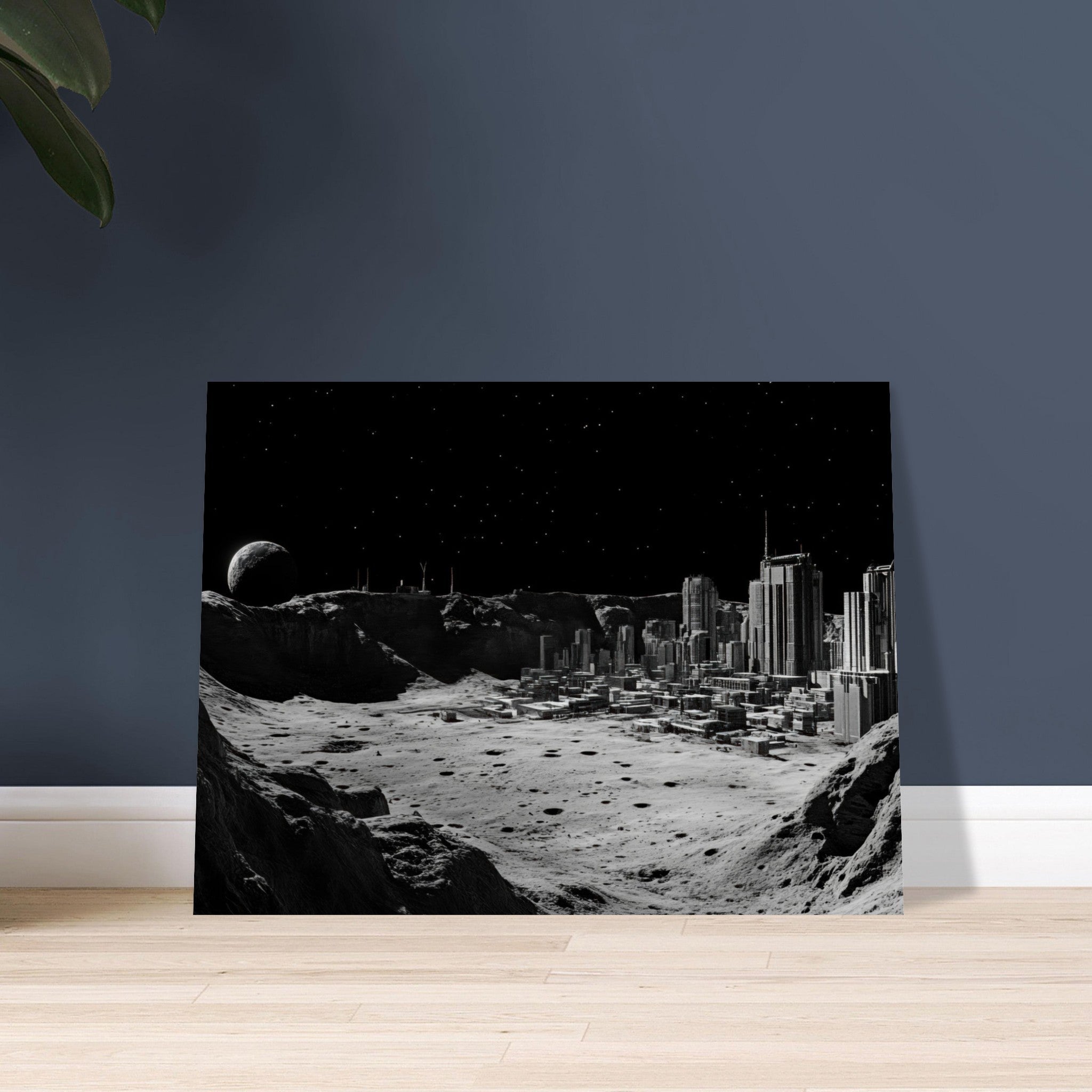 Fine Art Poster Landscape - Crater City on a Dead Moon A sprawling city built - Shop Ai Art WebShop - Digital Art online Store