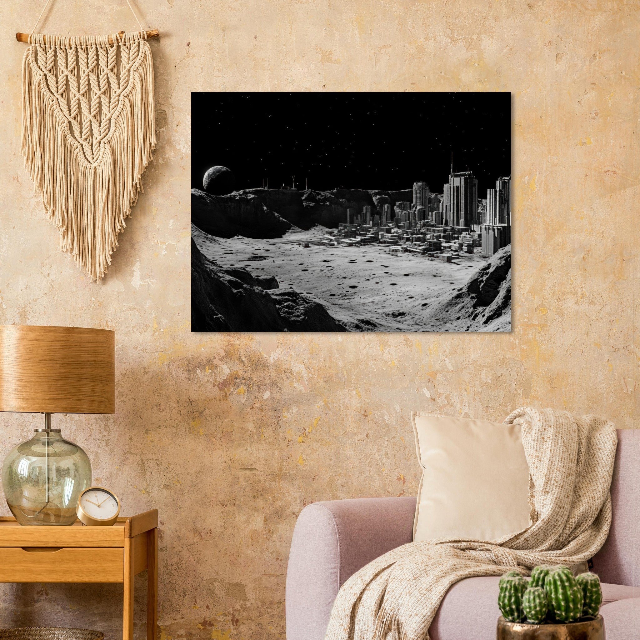 Fine Art Poster Landscape - Crater City on a Dead Moon A sprawling city built - Shop Ai Art WebShop - Digital Art online Store