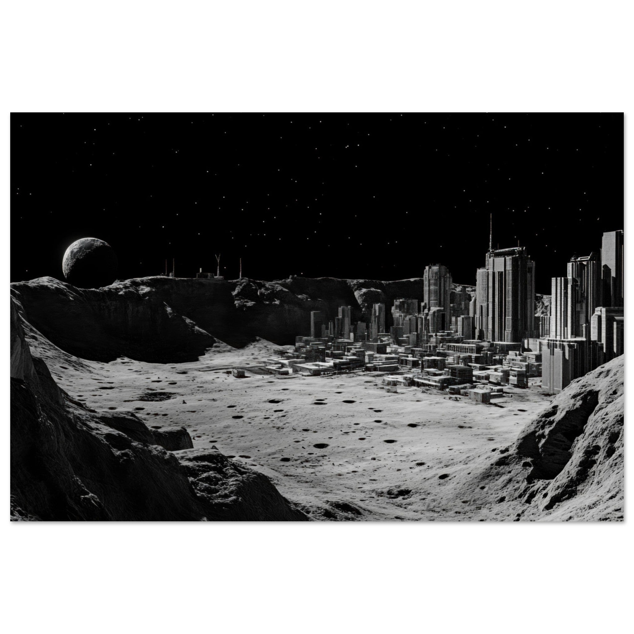 Fine Art Poster Landscape - Crater City on a Dead Moon A sprawling city built - Shop Ai Art WebShop - Digital Art online Store