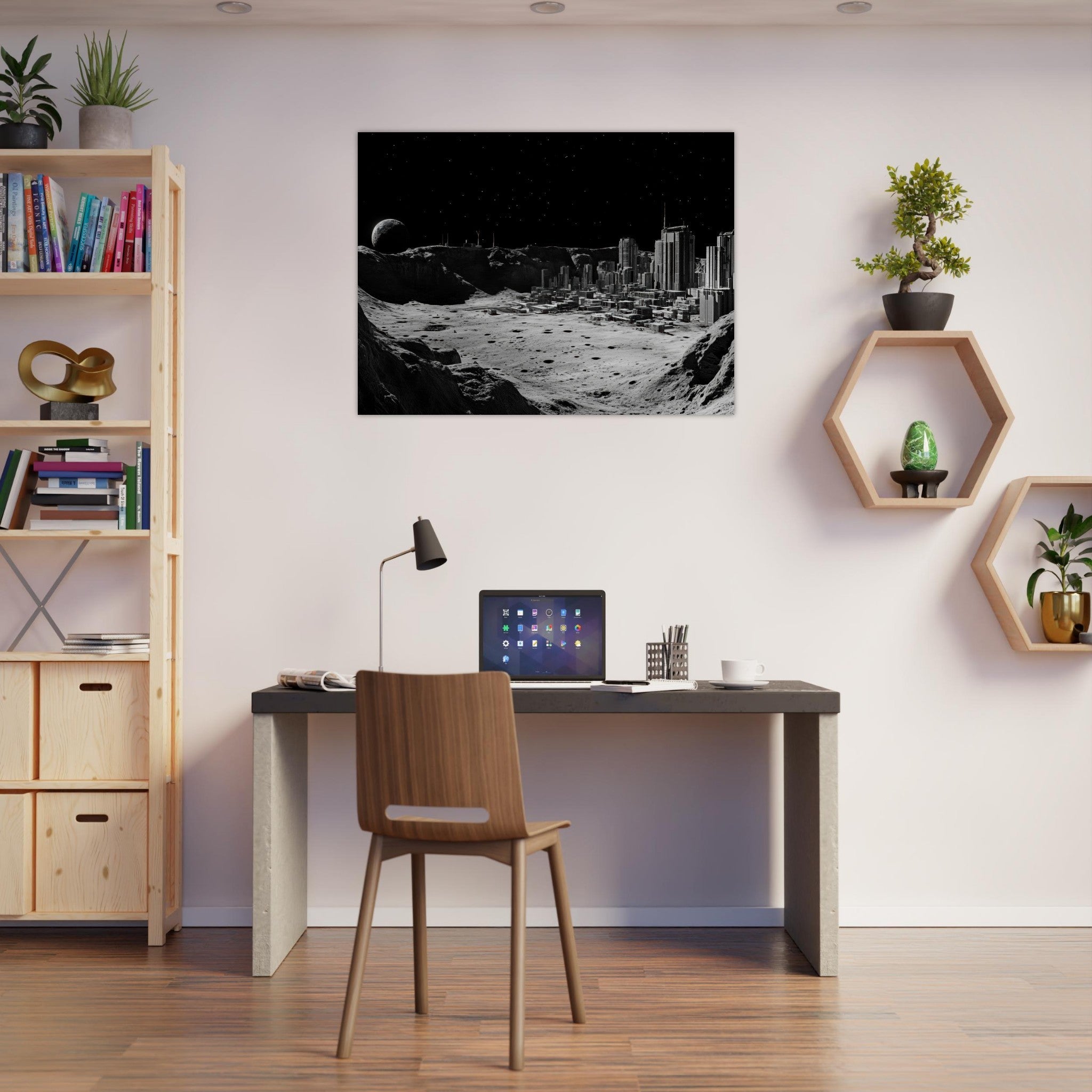 Fine Art Poster Landscape - Crater City on a Dead Moon A sprawling city built - Shop Ai Art WebShop - Digital Art online Store