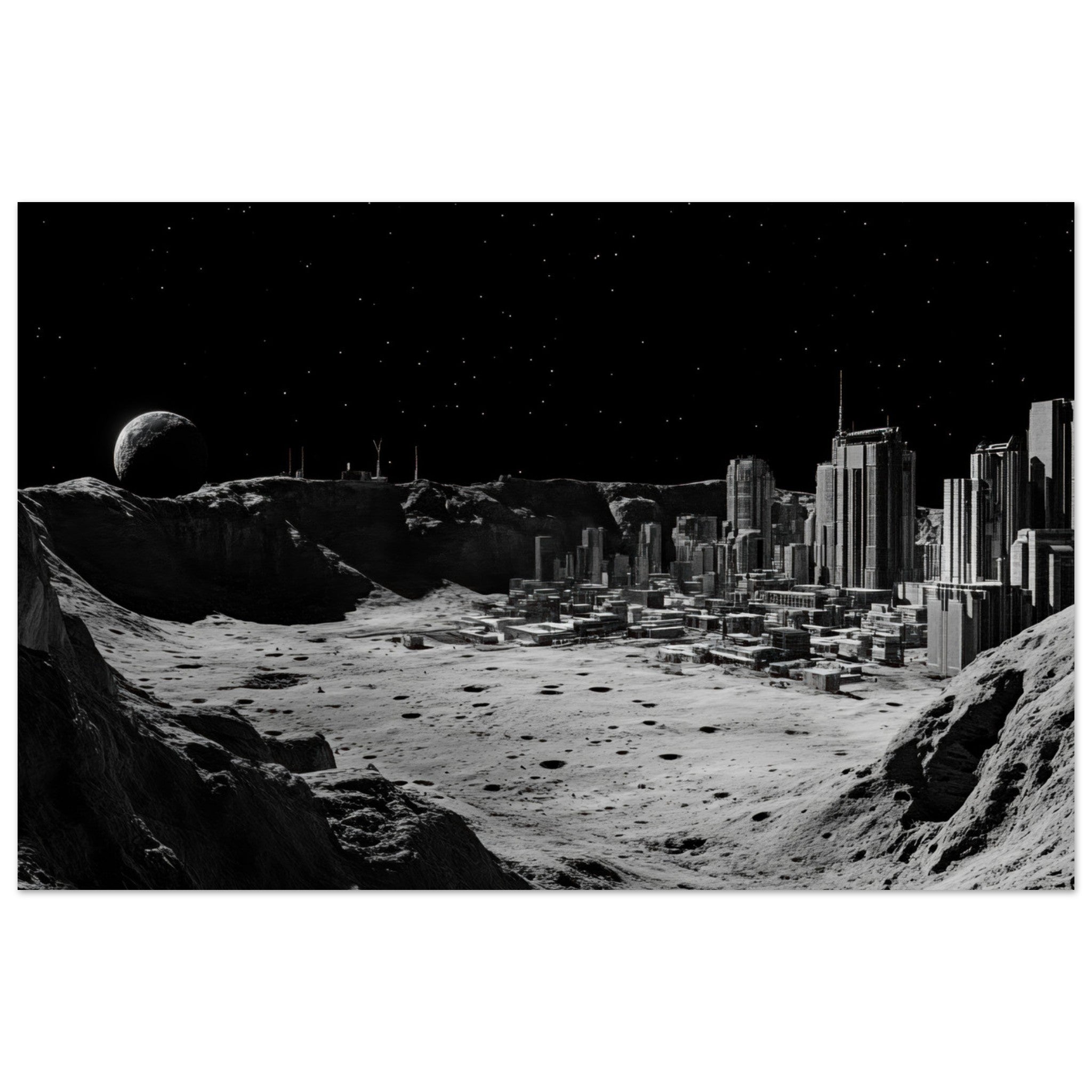 Fine Art Poster Landscape - Crater City on a Dead Moon A sprawling city built - Shop Ai Art WebShop - Digital Art online Store