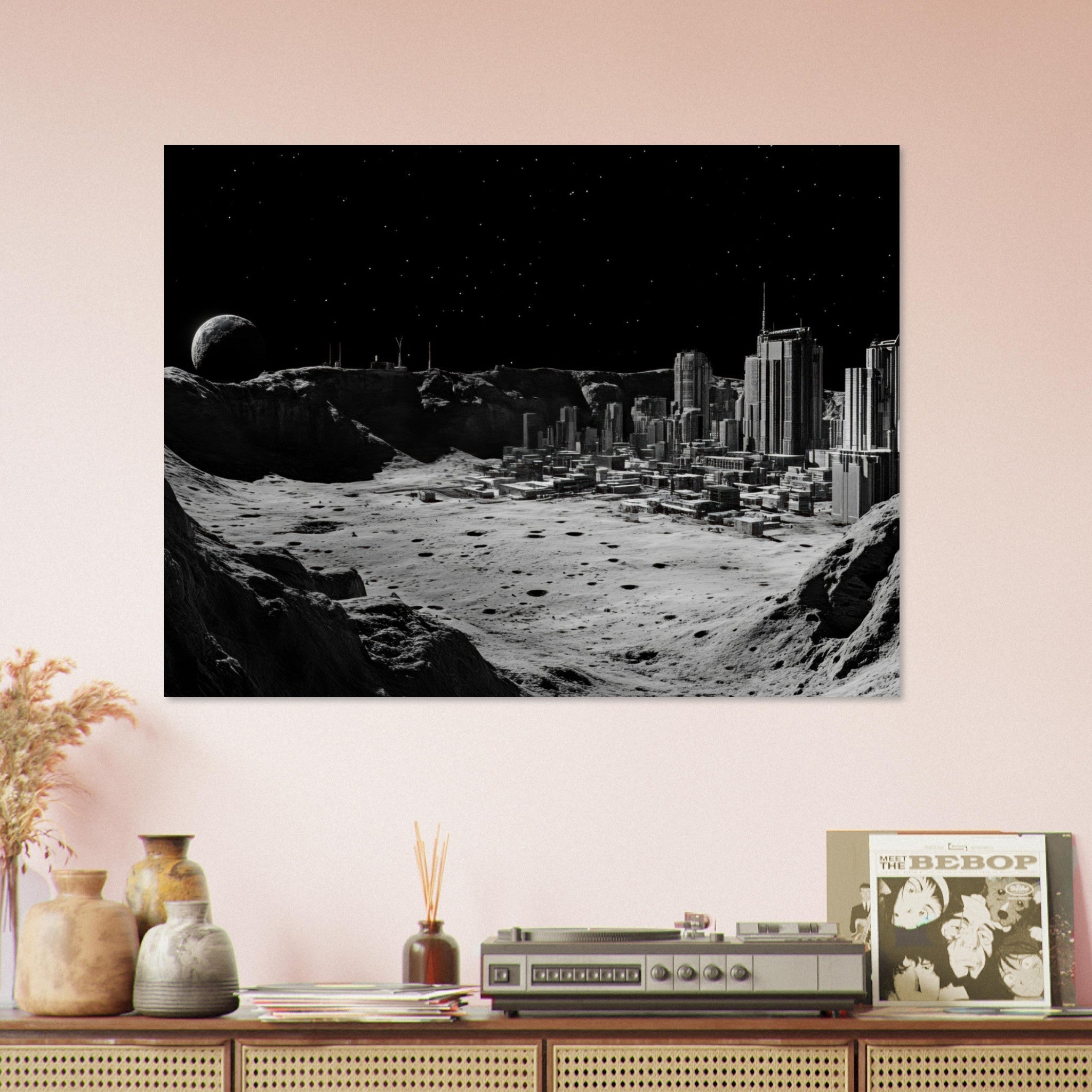 Fine Art Poster Landscape - Crater City on a Dead Moon A sprawling city built - Shop Ai Art WebShop - Digital Art online Store
