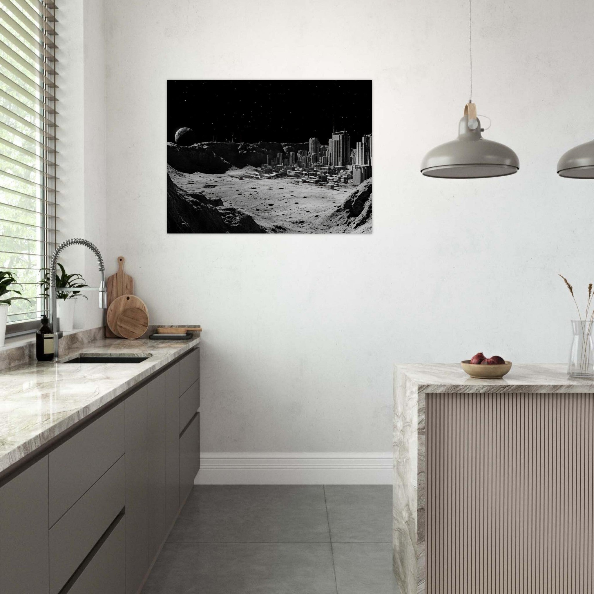 Fine Art Poster Landscape - Crater City on a Dead Moon A sprawling city built - Shop Ai Art WebShop - Digital Art online Store