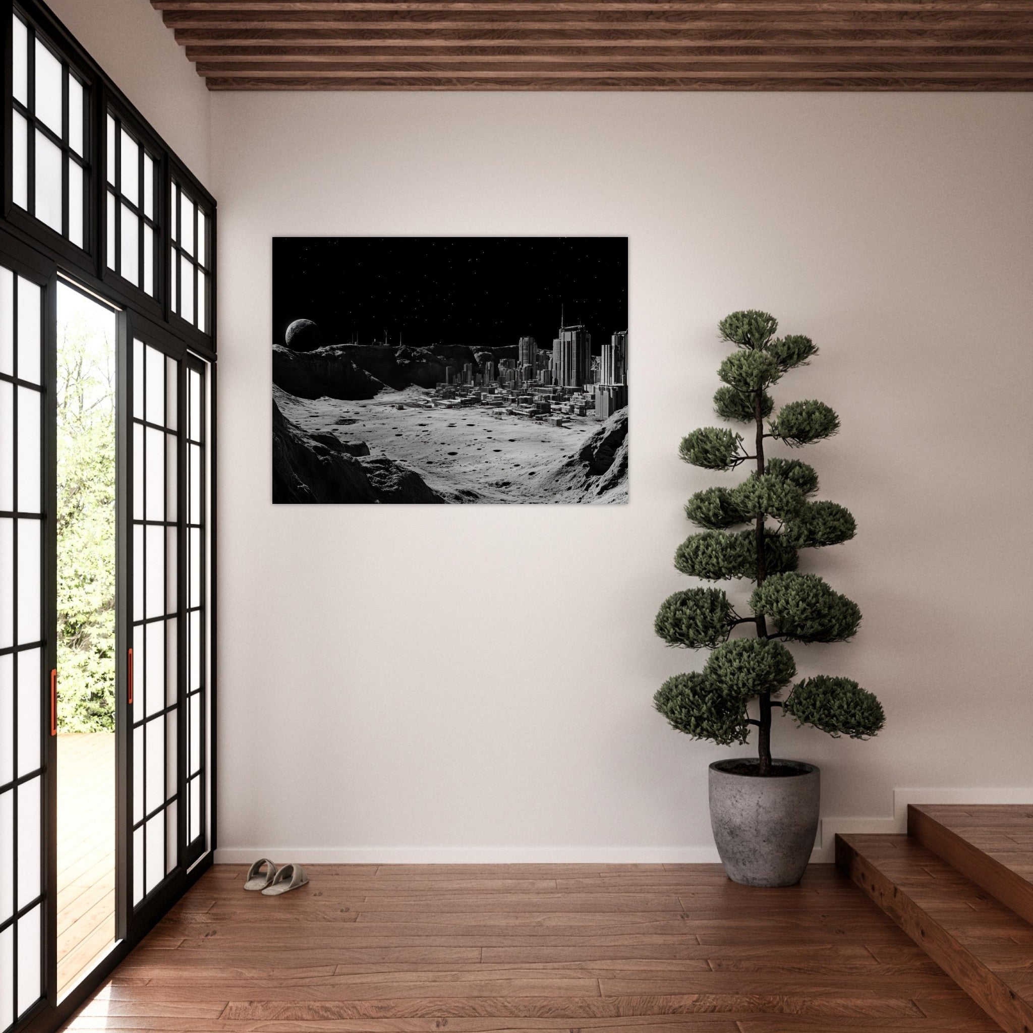 Fine Art Poster Landscape - Crater City on a Dead Moon A sprawling city built - Shop Ai Art WebShop - Digital Art online Store